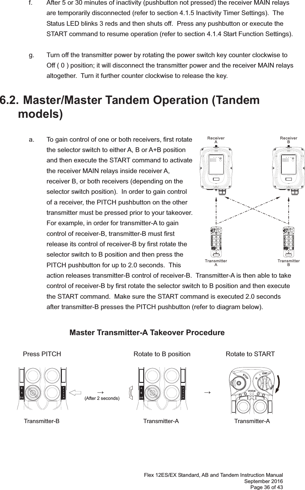 Flex 12ES/EX Standard, AB and Tandem Instruction Manual September 2016 Page 36 of 43  f.  After 5 or 30 minutes of inactivity (pushbutton not pressed) the receiver MAIN relays are temporarily disconnected (refer to section 4.1.5 Inactivity Timer Settings).  The Status LED blinks 3 reds and then shuts off.  Press any pushbutton or execute the START command to resume operation (refer to section 4.1.4 Start Function Settings).    g.  Turn off the transmitter power by rotating the power switch key counter clockwise to Off ( 0 ) position; it will disconnect the transmitter power and the receiver MAIN relays altogether.  Turn it further counter clockwise to release the key.    6.2. Master/Master Tandem Operation (Tandem models)a.  To gain control of one or both receivers, first rotate the selector switch to either A, B or A+B position and then execute the START command to activate the receiver MAIN relays inside receiver A, receiver B, or both receivers (depending on the selector switch position).  In order to gain control of a receiver, the PITCH pushbutton on the other transmitter must be pressed prior to your takeover.  For example, in order for transmitter-A to gain control of receiver-B, transmitter-B must first release its control of receiver-B by first rotate the selector switch to B position and then press the PITCH pushbutton for up to 2.0 seconds.  This action releases transmitter-B control of receiver-B.  Transmitter-A is then able to take control of receiver-B by first rotate the selector switch to B position and then execute the START command.  Make sure the START command is executed 2.0 seconds after transmitter-B presses the PITCH pushbutton (refer to diagram below).        Master Transmitter-A Takeover Procedure  Press PITCH                           Rotate to B position          Rotate to START                                                                                     (After 2 seconds)        Transmitter-B                      Transmitter-A                  Transmitter-A       ABABReceiverAReceiverBTransmitterATransmitterB