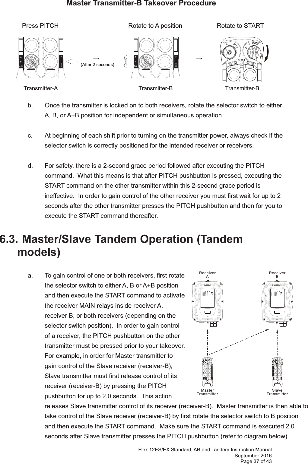 Flex 12ES/EX Standard, AB and Tandem Instruction Manual September 2016 Page 37 of 43   Master Transmitter-B Takeover Procedure  Press PITCH                           Rotate to A position          Rotate to START                                                                            (After 2 seconds)         Transmitter-A                                   Transmitter-B                  Transmitter-B    b.  Once the transmitter is locked on to both receivers, rotate the selector switch to either A, B, or A+B position for independent or simultaneous operation.      c.  At beginning of each shift prior to turning on the transmitter power, always check if the selector switch is correctly positioned for the intended receiver or receivers.     d.  For safety, there is a 2-second grace period followed after executing the PITCH command.  What this means is that after PITCH pushbutton is pressed, executing the START command on the other transmitter within this 2-second grace period is ineffective.  In order to gain control of the other receiver you must first wait for up to 2 seconds after the other transmitter presses the PITCH pushbutton and then for you to execute the START command thereafter.             6.3. Master/Slave Tandem Operation (Tandem models) a.  To gain control of one or both receivers, first rotate the selector switch to either A, B or A+B position and then execute the START command to activate the receiver MAIN relays inside receiver A, receiver B, or both receivers (depending on the selector switch position).  In order to gain control of a receiver, the PITCH pushbutton on the other transmitter must be pressed prior to your takeover.  For example, in order for Master transmitter to gain control of the Slave receiver (receiver-B), Slave transmitter must first release control of its receiver (receiver-B) by pressing the PITCH pushbutton for up to 2.0 seconds.  This action releases Slave transmitter control of its receiver (receiver-B).  Master transmitter is then able to take control of the Slave receiver (receiver-B) by first rotate the selector switch to B position and then execute the START command.  Make sure the START command is executed 2.0 seconds after Slave transmitter presses the PITCH pushbutton (refer to diagram below).   ABReceiverAReceiverBMasterTransmitterSlaveTransmitter