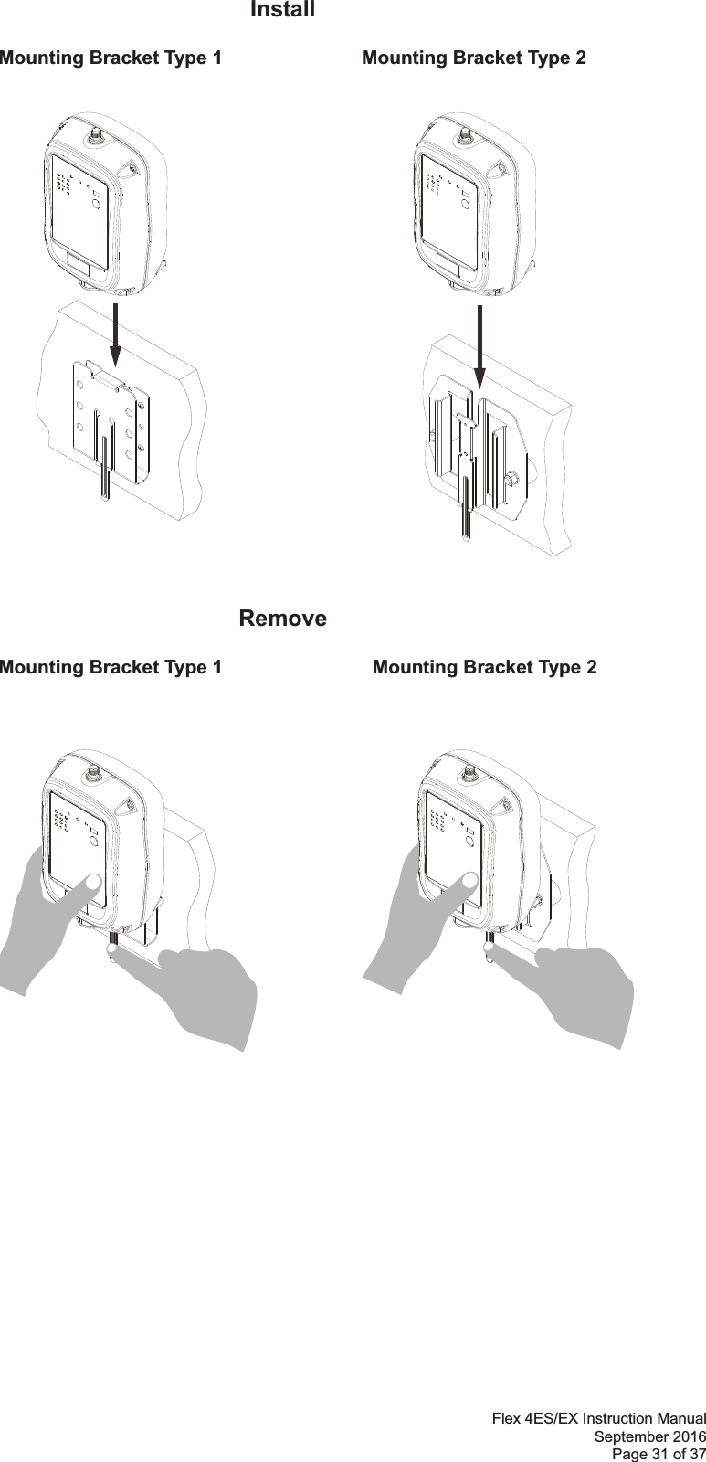 Flex 4ES/EX Instruction Manual September 2016 Page 31 of 37 Install!!           Mounting Bracket Type 1                Mounting Bracket Type 2 !!!!!!!!!!!!!!!!!!!!   Remove!!           Mounting Bracket Type 1                  Mounting Bracket Type 2 !!!!!!!!!!!!!!!!!!!!!!!!!!