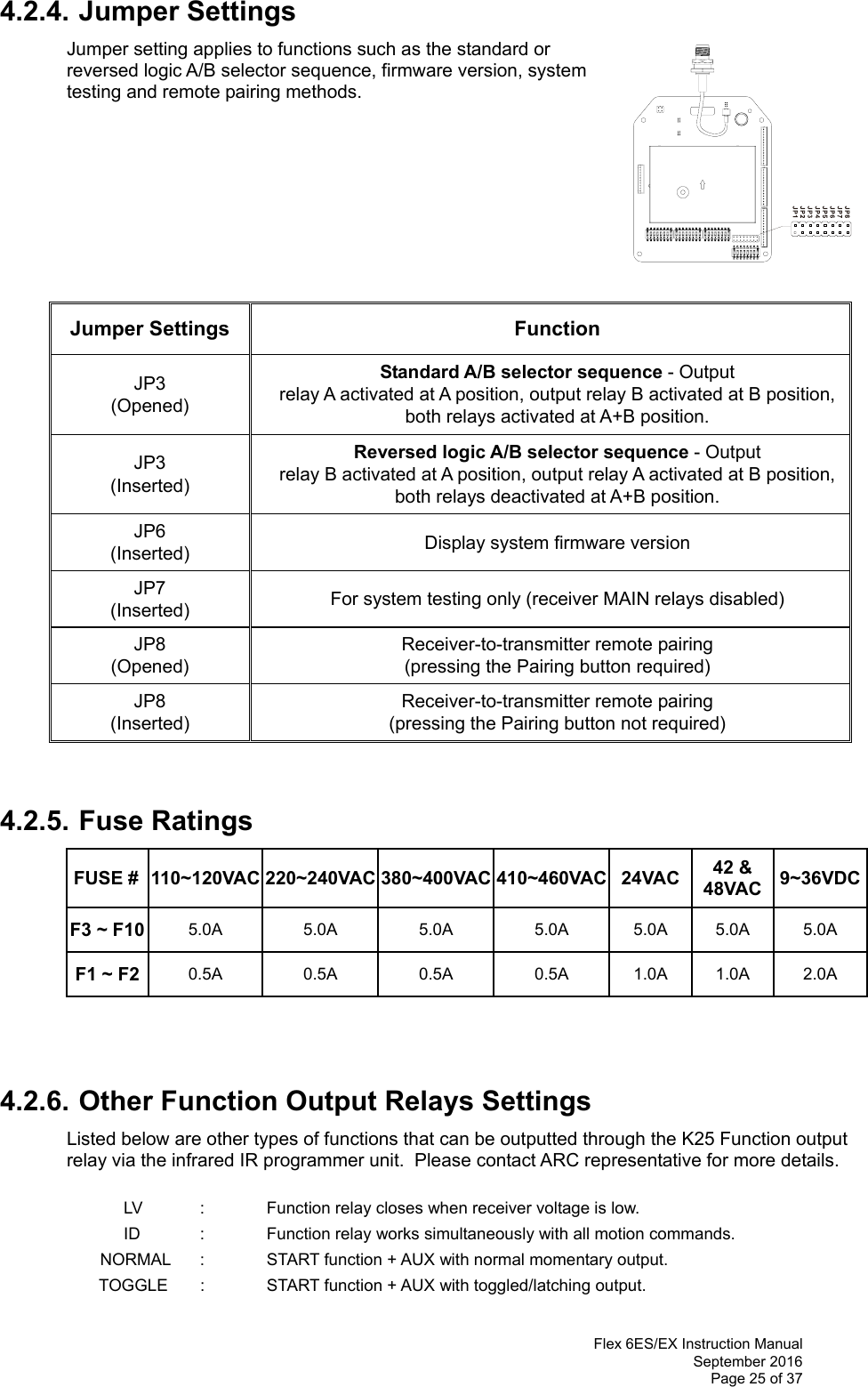  Flex 6ES/EX Instruction Manual September 2016 Page 25 of 37  4.2.4. Jumper Settings  Jumper setting applies to functions such as the standard or reversed logic A/B selector sequence, firmware version, system testing and remote pairing methods.              Jumper Settings Function   JP3  (Opened) Standard A/B selector sequence - Output  relay A activated at A position, output relay B activated at B position, both relays activated at A+B position.   JP3  (Inserted) Reversed logic A/B selector sequence - Output  relay B activated at A position, output relay A activated at B position, both relays deactivated at A+B position.   JP6  (Inserted)  Display system firmware version JP7  (Inserted)  For system testing only (receiver MAIN relays disabled) JP8  (Opened) Receiver-to-transmitter remote pairing  (pressing the Pairing button required) JP8  (Inserted) Receiver-to-transmitter remote pairing (pressing the Pairing button not required)   4.2.5. Fuse Ratings FUSE #  110~120VAC 220~240VAC 380~400VAC 410~460VAC 24VAC  42 &amp; 48VAC  9~36VDCF3 ~ F10  5.0A 5.0A 5.0A 5.0A 5.0A 5.0A 5.0A F1 ~ F2  0.5A 0.5A 0.5A 0.5A 1.0A 1.0A 2.0A    4.2.6. Other Function Output Relays Settings Listed below are other types of functions that can be outputted through the K25 Function output relay via the infrared IR programmer unit.  Please contact ARC representative for more details.   LV  :  Function relay closes when receiver voltage is low. ID  :  Function relay works simultaneously with all motion commands. NORMAL  :  START function + AUX with normal momentary output.   TOGGLE  :   START function + AUX with toggled/latching output. 