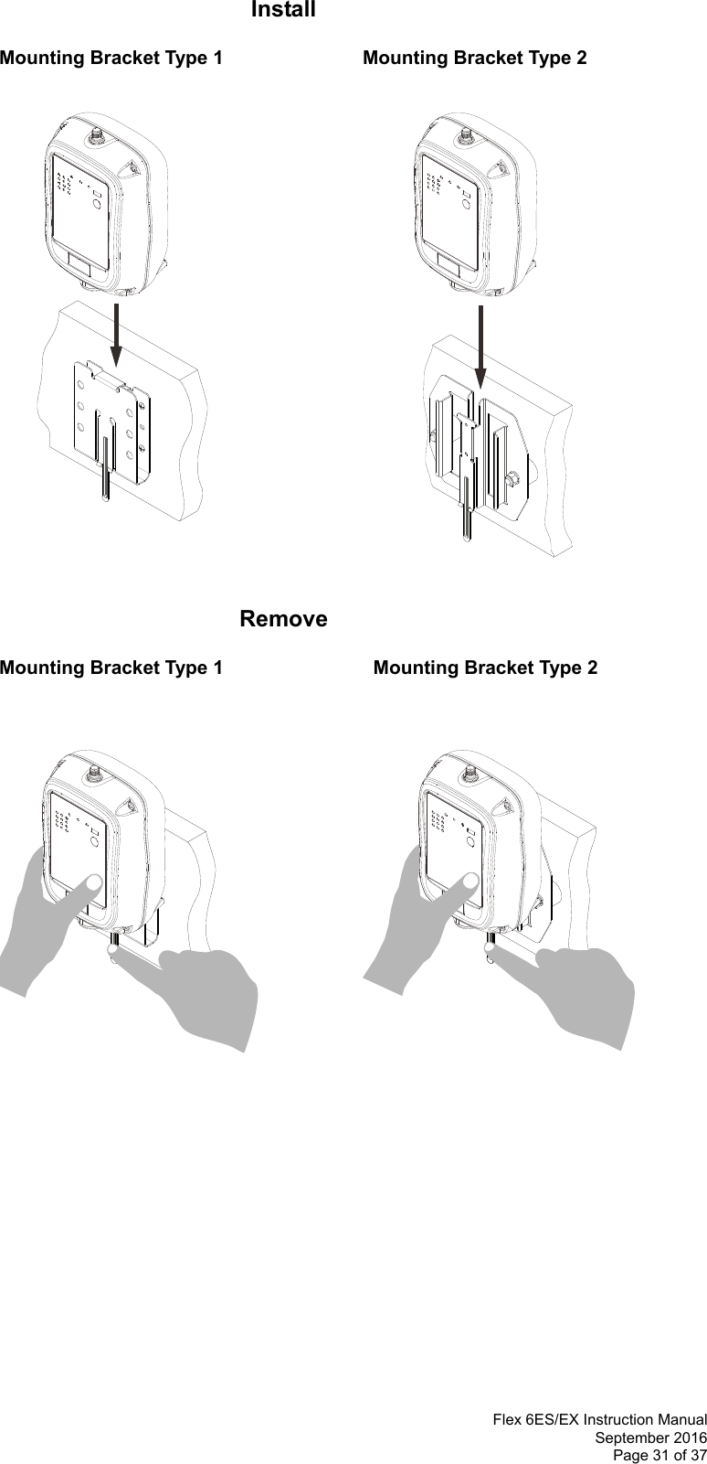  Flex 6ES/EX Instruction Manual September 2016 Page 31 of 37 Install             Mounting Bracket Type 1                Mounting Bracket Type 2                        Remove             Mounting Bracket Type 1                  Mounting Bracket Type 2                            