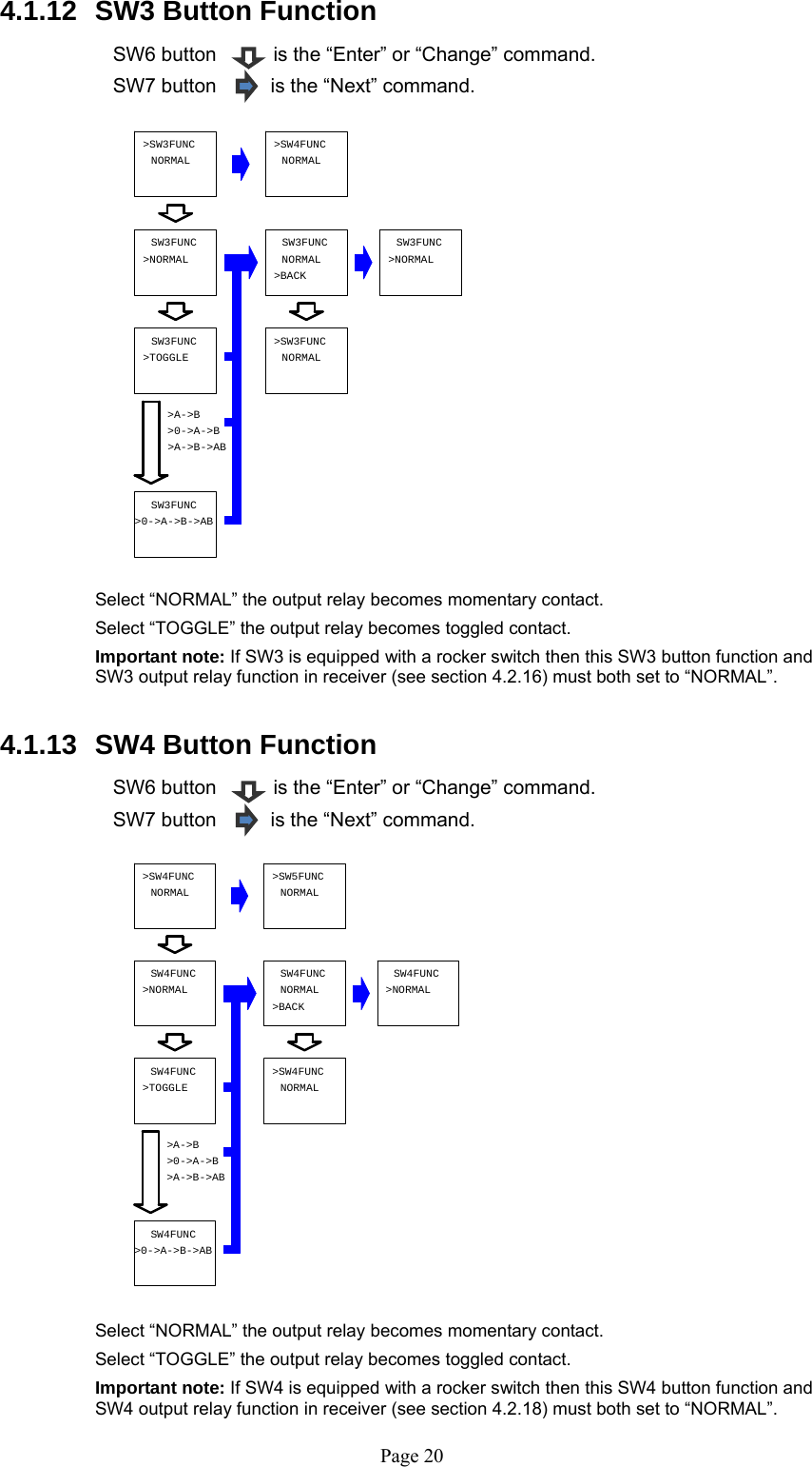   Page 20&gt;SW3FUNC&gt;A-&gt;BNORMAL&gt;0-&gt;A-&gt;B&gt;TOGGLESW3FUNCNORMAL&gt;SW3FUNC&gt;NORMAL&gt;NORMALSW3FUNCNORMALNORMAL&gt;BACK&gt;0-&gt;A-&gt;B-&gt;AB&gt;SW4FUNCSW3FUNCSW3FUNC&gt;A-&gt;B-&gt;ABSW3FUNCSW4FUNC SW4FUNCSW4FUNC&gt;0-&gt;A-&gt;B-&gt;AB&gt;SW5FUNCSW4FUNCNORMAL&gt;BACK&gt;A-&gt;B-&gt;ABNORMALNORMAL&gt;0-&gt;A-&gt;B&gt;NORMAL&gt;SW4FUNC&gt;NORMALNORMAL&gt;TOGGLE&gt;A-&gt;B&gt;SW4FUNCSW4FUNC 4.1.12  SW3 Button Function    SW6 button    is the “Enter” or “Change” command. SW7 button         is the “Next” command.                   Select “NORMAL” the output relay becomes momentary contact.  Select “TOGGLE” the output relay becomes toggled contact.  Important note: If SW3 is equipped with a rocker switch then this SW3 button function and SW3 output relay function in receiver (see section 4.2.16) must both set to “NORMAL”.   4.1.13  SW4 Button Function    SW6 button    is the “Enter” or “Change” command. SW7 button         is the “Next” command.                  Select “NORMAL” the output relay becomes momentary contact.  Select “TOGGLE” the output relay becomes toggled contact.  Important note: If SW4 is equipped with a rocker switch then this SW4 button function and SW4 output relay function in receiver (see section 4.2.18) must both set to “NORMAL”.  