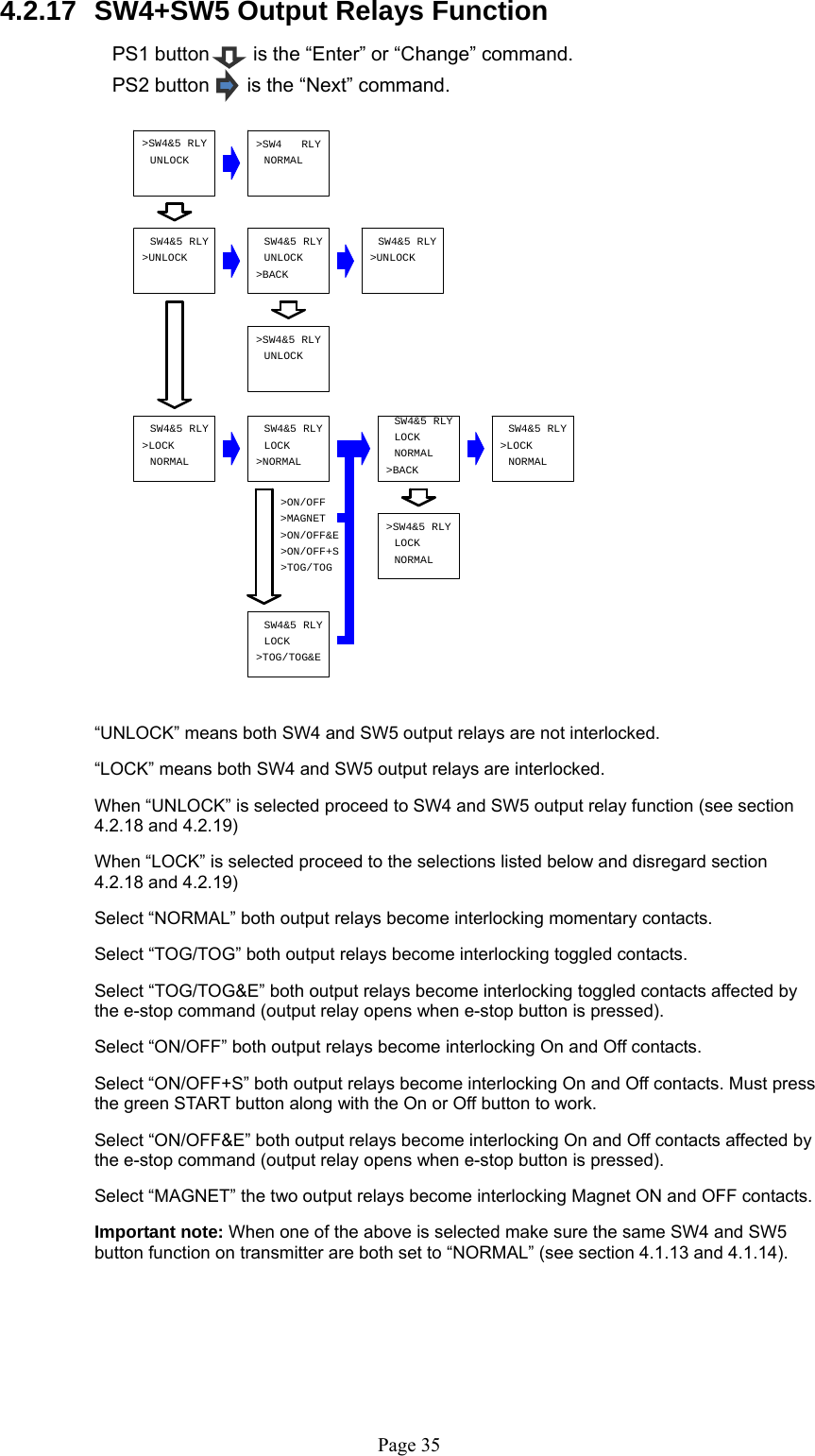   Page 35&gt;SW4&amp;5 RLYSW4&amp;5 RLYLOCK&gt;LOCKNORMAL&gt;UNLOCKLOCKSW4&amp;5 RLY&gt;TOG/TOG&gt;ON/OFF+S NORMALUNLOCK&gt;SW4&amp;5 RLY&gt;TOG/TOG&amp;ESW4&amp;5 RLYNORMALSW4&amp;5 RLY&gt;NORMAL&gt;ON/OFF&amp;ESW4&amp;5 RLY&gt;BACKUNLOCKLOCKLOCKNORMAL&gt;SW4&amp;5 RLYSW4&amp;5 RLY&gt;MAGNET&gt;LOCK&gt;BACKNORMALUNLOCKSW4&amp;5 RLY&gt;UNLOCK&gt;SW4   RLY&gt;ON/OFFSW4&amp;5 RLY 4.2.17  SW4+SW5 Output Relays Function   PS1 button        is the “Enter” or “Change” command. PS2 button     is the “Next” command.                     “UNLOCK” means both SW4 and SW5 output relays are not interlocked.   “LOCK” means both SW4 and SW5 output relays are interlocked.    When “UNLOCK” is selected proceed to SW4 and SW5 output relay function (see section 4.2.18 and 4.2.19)    When “LOCK” is selected proceed to the selections listed below and disregard section 4.2.18 and 4.2.19)   Select “NORMAL” both output relays become interlocking momentary contacts.   Select “TOG/TOG” both output relays become interlocking toggled contacts.   Select “TOG/TOG&amp;E” both output relays become interlocking toggled contacts affected by the e-stop command (output relay opens when e-stop button is pressed).   Select “ON/OFF” both output relays become interlocking On and Off contacts.   Select “ON/OFF+S” both output relays become interlocking On and Off contacts. Must press the green START button along with the On or Off button to work.   Select “ON/OFF&amp;E” both output relays become interlocking On and Off contacts affected by the e-stop command (output relay opens when e-stop button is pressed).   Select “MAGNET” the two output relays become interlocking Magnet ON and OFF contacts.   Important note: When one of the above is selected make sure the same SW4 and SW5 button function on transmitter are both set to “NORMAL” (see section 4.1.13 and 4.1.14).       