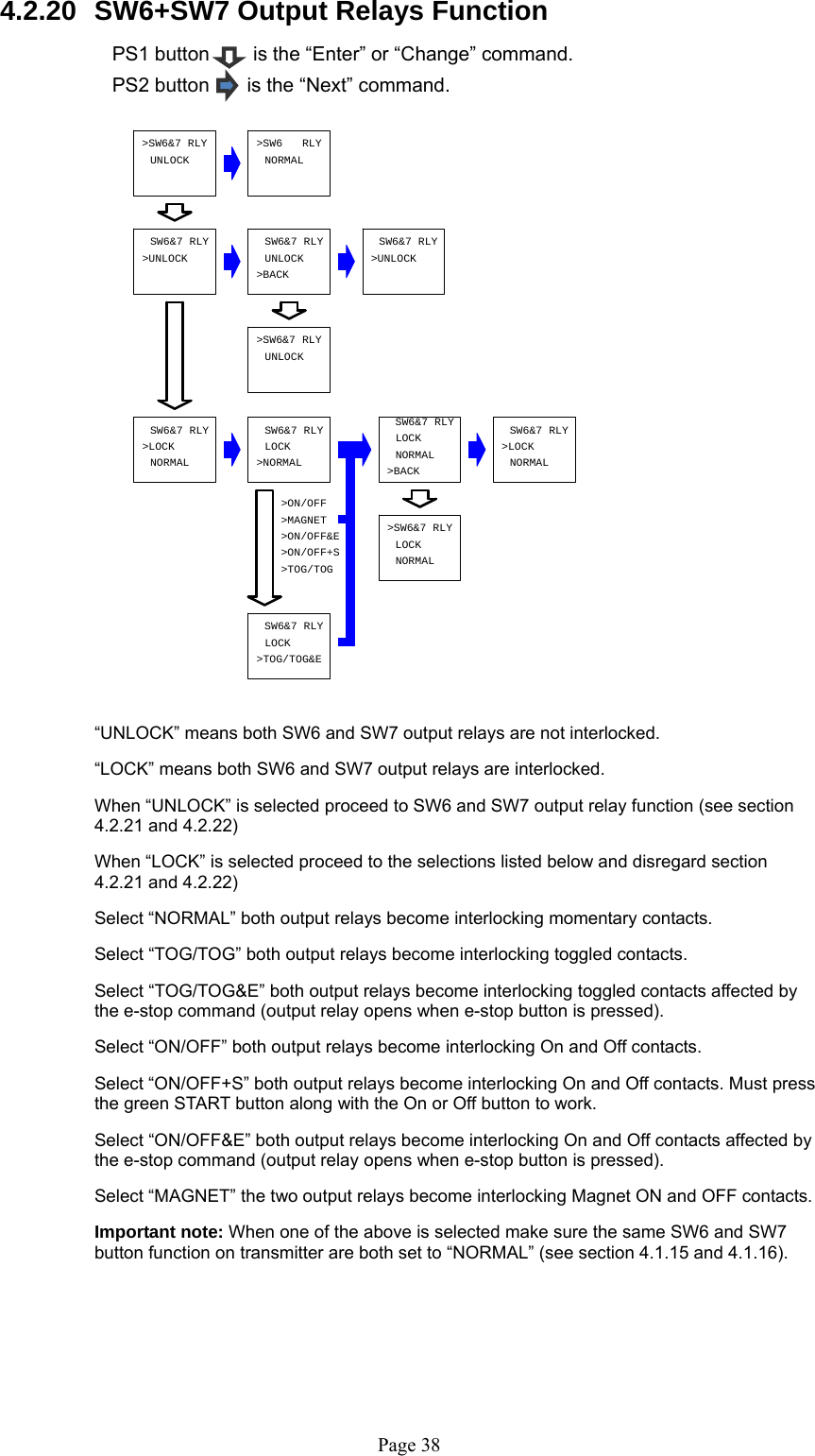   Page 38LOCKLOCKSW6&amp;7 RLY&gt;SW6&amp;7 RLYNORMAL&gt;SW6&amp;7 RLYLOCK SW6&amp;7 RLY&gt;ON/OFFNORMALUNLOCKNORMAL&gt;ON/OFF+S&gt;SW6   RLY&gt;UNLOCKUNLOCKSW6&amp;7 RLY&gt;NORMAL&gt;BACKSW6&amp;7 RLYNORMAL&gt;BACK&gt;TOG/TOGSW6&amp;7 RLY&gt;SW6&amp;7 RLYSW6&amp;7 RLYUNLOCKSW6&amp;7 RLYNORMAL&gt;LOCK&gt;ON/OFF&amp;ELOCK&gt;UNLOCK&gt;LOCK&gt;MAGNETSW6&amp;7 RLY&gt;TOG/TOG&amp;E 4.2.20  SW6+SW7 Output Relays Function   PS1 button        is the “Enter” or “Change” command. PS2 button     is the “Next” command.                        “UNLOCK” means both SW6 and SW7 output relays are not interlocked.   “LOCK” means both SW6 and SW7 output relays are interlocked.    When “UNLOCK” is selected proceed to SW6 and SW7 output relay function (see section 4.2.21 and 4.2.22)    When “LOCK” is selected proceed to the selections listed below and disregard section 4.2.21 and 4.2.22)   Select “NORMAL” both output relays become interlocking momentary contacts.   Select “TOG/TOG” both output relays become interlocking toggled contacts.   Select “TOG/TOG&amp;E” both output relays become interlocking toggled contacts affected by the e-stop command (output relay opens when e-stop button is pressed).   Select “ON/OFF” both output relays become interlocking On and Off contacts.   Select “ON/OFF+S” both output relays become interlocking On and Off contacts. Must press the green START button along with the On or Off button to work.   Select “ON/OFF&amp;E” both output relays become interlocking On and Off contacts affected by the e-stop command (output relay opens when e-stop button is pressed).   Select “MAGNET” the two output relays become interlocking Magnet ON and OFF contacts.   Important note: When one of the above is selected make sure the same SW6 and SW7 button function on transmitter are both set to “NORMAL” (see section 4.1.15 and 4.1.16).       