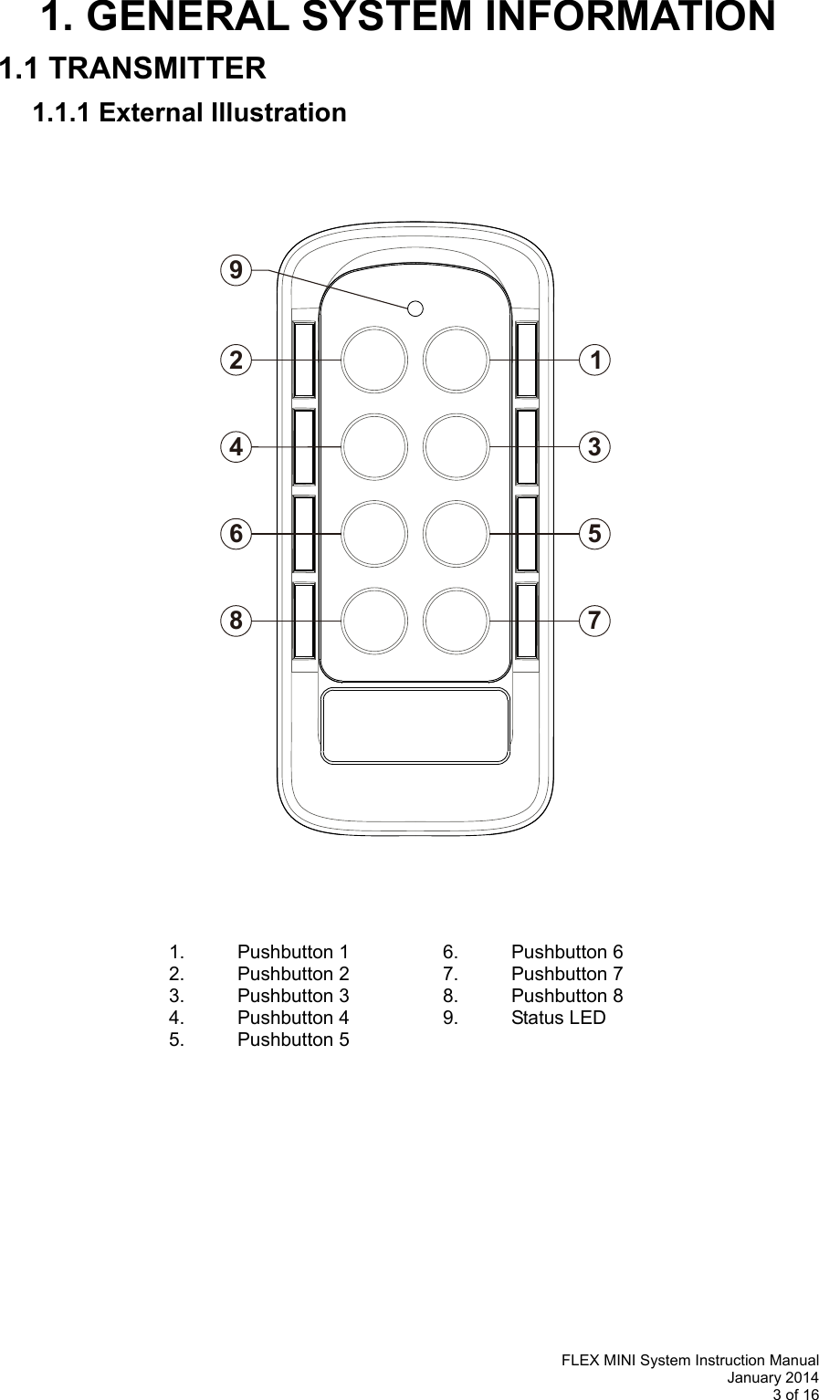   FLEX MINI System Instruction Manual January 2014 3 of 16  2468913571. GENERAL SYSTEM INFORMATION 1.1 TRANSMITTER 1.1.1 External Illustration                                     1. Pushbutton 1  6. Pushbutton 6    2. Pushbutton 2   7. Pushbutton 7    3. Pushbutton 3  8. Pushbutton 8    4. Pushbutton 4  9. Status LED    5. Pushbutton 5      