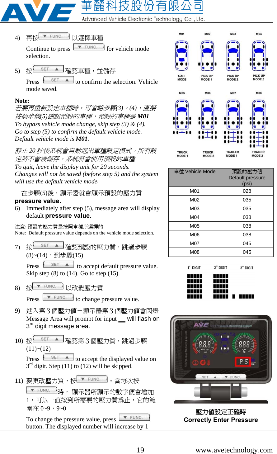    19 www.avetechnology.com 4) 再按  以選擇車種        Continue to press    for vehicle mode selection.  5) 按 確認車種，並儲存            Press    to confirm the selection. Vehicle mode saved.  Note: 若要再重新設定車種時，可省略步驟(3)，(4)，直接按照步驟(5)確認預設的車種，預設的車種是M01 To bypass vehicle mode change, skip step (3) &amp; (4).  Go to step (5) to confirm the default vehicle mode.  Default vehicle mode is M01.  靜止20秒後系統會自動退出車種設定模式，所有設定將不會被儲存，系統將會使用預設的車種 To quit, leave the display unit for 20 seconds.  Changes will not be saved (before step 5) and the system will use the default vehicle mode.  在步驟(5)後，顯示器就會顯示預設的壓力質pressure value. 6) Immediately after step (5), message area will display default pressure value.  注意: 預設的壓力質是按照車種所選擇的                                      Note:  Default pressure value depends on the vehicle mode selection.  7) 按 確認預設的壓力質，跳過步驟(8)~(14)，到步驟(15)                                                    Press     to accept default pressure value. Skip step (8) to (14). Go to step (15).  8) 按 以改變壓力質                                        Press    to change pressure value.  9) 進入第３個壓力值－顯示器第３個壓力值會閃燈Message Area will prompt for input ‗‗ will flash on 3rd digit message area.  10) 按 確認第３個壓力質，跳過步驟(11)~(12)                                                              Press    to accept the displayed value on 3rd digit. Step (11) to (12) will be skipped.  11) 要更改壓力質，按 。當每次按時， 顯示器所顯示的數字便會增加1，可以一直按到所需要的壓力質為止，它的範圍在 0~9，9~0                              To change the pressure value, press    button. The displayed number will increase by 1    車種 Vehicle Mode 預設的壓力值   Default pressure (psi) M01 028 M02 035 M03 035 M04 038 M05 038 M06 038 M07 045 M08 045      壓力值設定正確時 Correctly Enter Pressure  