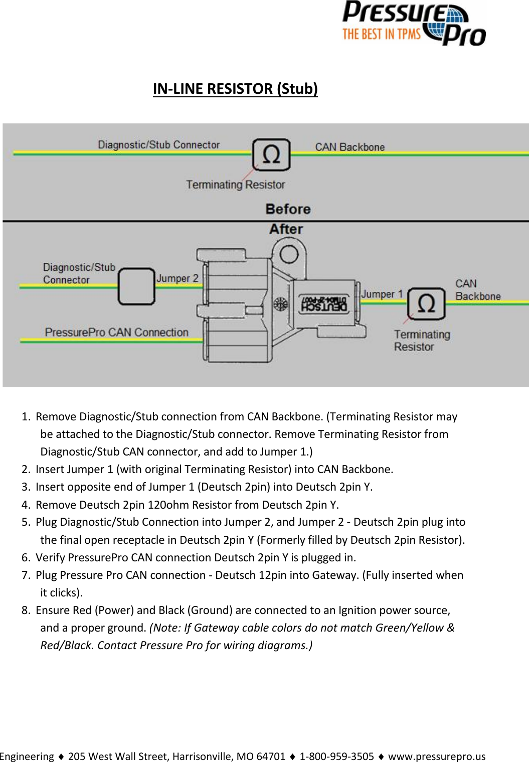 Engineering  205 West Wall Street, Harrisonville, MO 64701  1-800-959-3505  www.pressurepro.usIN-LINE RESISTOR (Stub)1. Remove Diagnostic/Stub connection from CAN Backbone. (Terminating Resistor maybe attached to the Diagnostic/Stub connector. Remove Terminating Resistor fromDiagnostic/Stub CAN connector, and add to Jumper 1.)2. Insert Jumper 1 (with original Terminating Resistor) into CAN Backbone.3. Insert opposite end of Jumper 1 (Deutsch 2pin) into Deutsch 2pin Y.4. Remove Deutsch 2pin 120ohm Resistor from Deutsch 2pin Y.5. Plug Diagnostic/Stub Connection into Jumper 2, and Jumper 2 - Deutsch 2pin plug intothe final open receptacle in Deutsch 2pin Y (Formerly filled by Deutsch 2pin Resistor).6. Verify PressurePro CAN connection Deutsch 2pin Y is plugged in.7. Plug Pressure Pro CAN connection - Deutsch 12pin into Gateway. (Fully inserted whenit clicks).8. Ensure Red (Power) and Black (Ground) are connected to an Ignition power source,and a proper ground. (Note: If Gateway cable colors do not match Green/Yellow &amp;Red/Black. Contact Pressure Pro for wiring diagrams.)