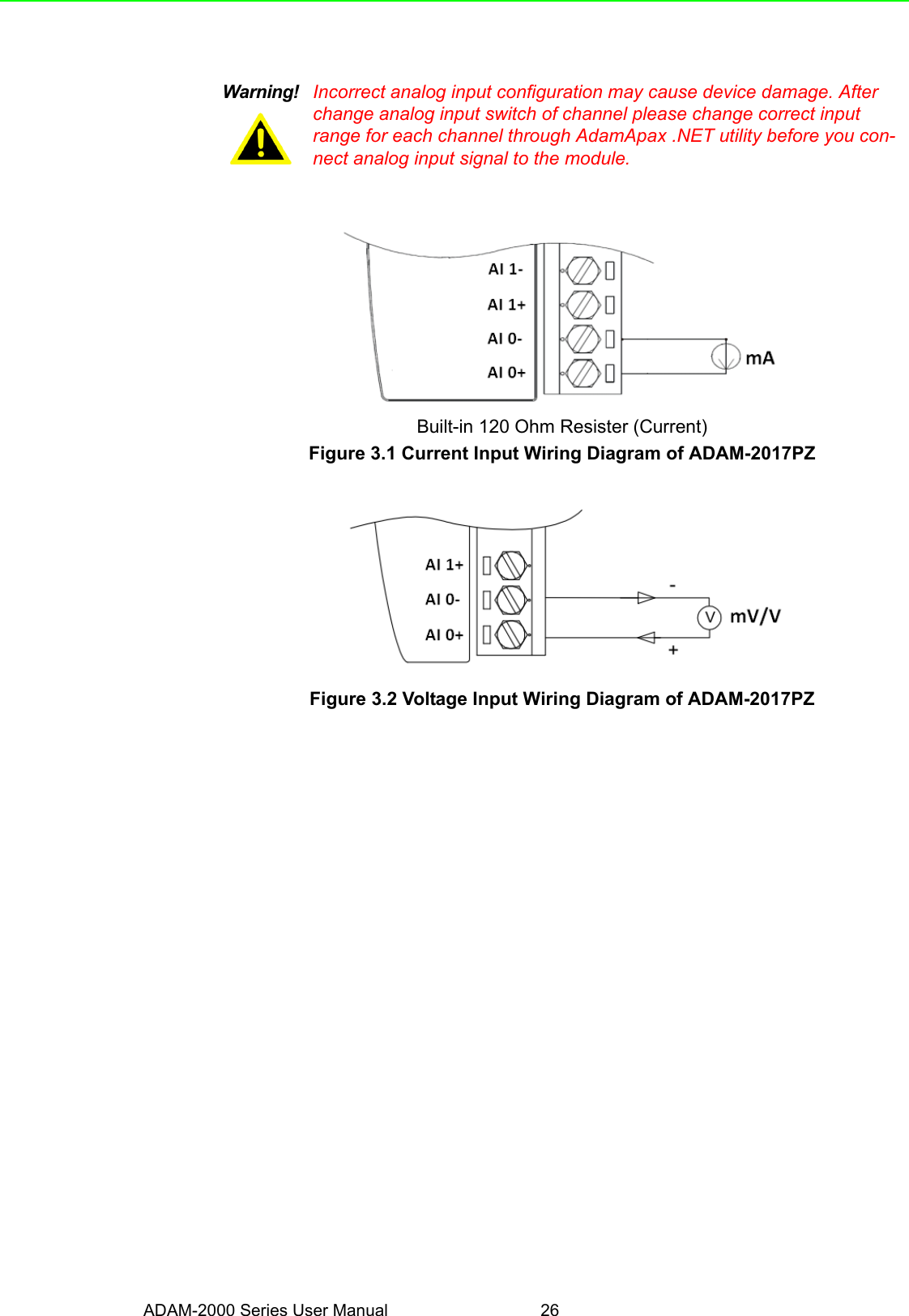 ADAM-2000 Series User Manual 26Built-in 120 Ohm Resister (Current)Figure 3.1 Current Input Wiring Diagram of ADAM-2017PZFigure 3.2 Voltage Input Wiring Diagram of ADAM-2017PZWarning! Incorrect analog input configuration may cause device damage. After change analog input switch of channel please change correct input range for each channel through AdamApax .NET utility before you con-nect analog input signal to the module.