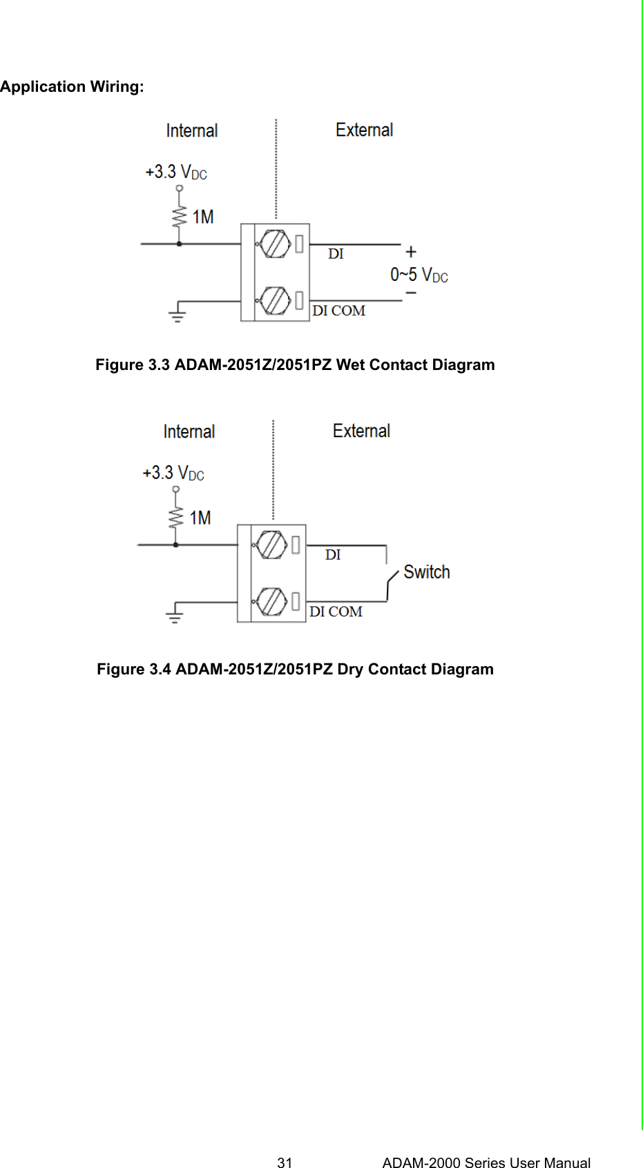 31 ADAM-2000 Series User ManualChapter 3 Module IntroductionApplication Wiring:Figure 3.3 ADAM-2051Z/2051PZ Wet Contact DiagramFigure 3.4 ADAM-2051Z/2051PZ Dry Contact Diagram