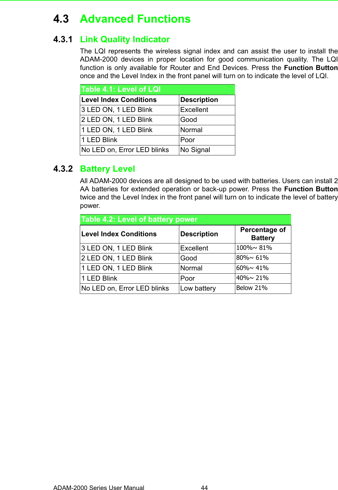 ADAM-2000 Series User Manual 444.3 Advanced Functions4.3.1 Link Quality IndicatorThe LQI represents the wireless signal index and can assist the user to install theADAM-2000 devices in proper location for good communication quality. The LQIfunction is only available for Router and End Devices. Press the Function Buttononce and the Level Index in the front panel will turn on to indicate the level of LQI.4.3.2 Battery LevelAll ADAM-2000 devices are all designed to be used with batteries. Users can install 2AA batteries for extended operation or back-up power. Press the Function Buttontwice and the Level Index in the front panel will turn on to indicate the level of batterypower.Table 4.1: Level of LQILevel Index Conditions Description3 LED ON, 1 LED Blink Excellent2 LED ON, 1 LED Blink Good1 LED ON, 1 LED Blink Normal1 LED Blink PoorNo LED on, Error LED blinks No SignalTable 4.2: Level of battery powerLevel Index Conditions Description Percentage of Battery3 LED ON, 1 LED Blink Excellent 100%~ 81%2 LED ON, 1 LED Blink Good 80%~ 61%1 LED ON, 1 LED Blink Normal 60%~ 41%1 LED Blink Poor 40%~ 21%No LED on, Error LED blinks Low battery Below 21%