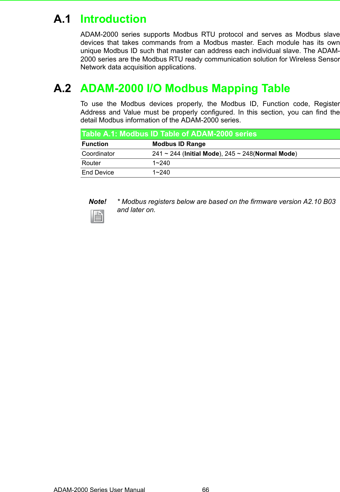 ADAM-2000 Series User Manual 66A.1 IntroductionADAM-2000 series supports Modbus RTU protocol and serves as Modbus slavedevices that takes commands from a Modbus master. Each module has its ownunique Modbus ID such that master can address each individual slave. The ADAM-2000 series are the Modbus RTU ready communication solution for Wireless SensorNetwork data acquisition applications.A.2 ADAM-2000 I/O Modbus Mapping Table To use the Modbus devices properly, the Modbus ID, Function code, RegisterAddress and Value must be properly configured. In this section, you can find thedetail Modbus information of the ADAM-2000 series.Table A.1: Modbus ID Table of ADAM-2000 seriesFunction Modbus ID RangeCoordinator 241 ~ 244 (Initial Mode), 245 ~ 248(Normal Mode)Router 1~240End Device 1~240Note! * Modbus registers below are based on the firmware version A2.10 B03 and later on.