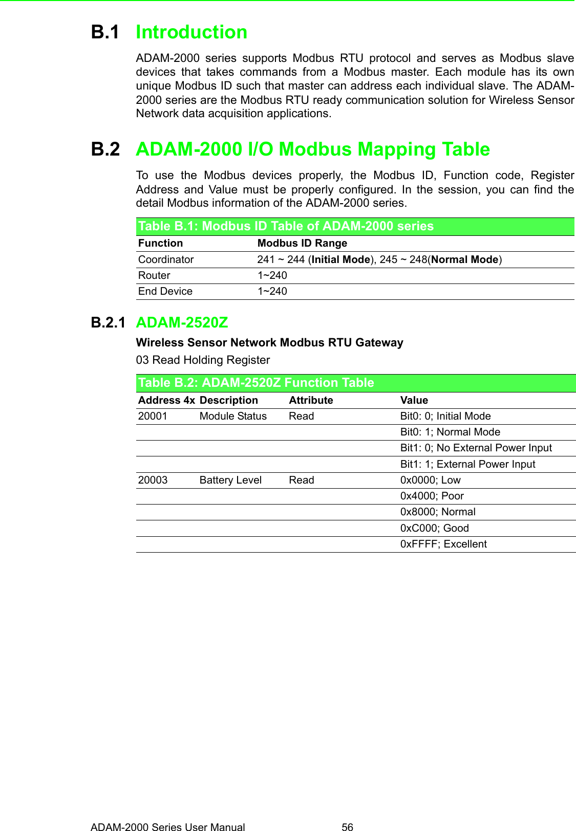 ADAM-2000 Series User Manual 56B.1 IntroductionADAM-2000 series supports Modbus RTU protocol and serves as Modbus slavedevices that takes commands from a Modbus master. Each module has its ownunique Modbus ID such that master can address each individual slave. The ADAM-2000 series are the Modbus RTU ready communication solution for Wireless SensorNetwork data acquisition applications.B.2 ADAM-2000 I/O Modbus Mapping Table To use the Modbus devices properly, the Modbus ID, Function code, RegisterAddress and Value must be properly configured. In the session, you can find thedetail Modbus information of the ADAM-2000 series.B.2.1 ADAM-2520ZWireless Sensor Network Modbus RTU Gateway03 Read Holding RegisterTable B.1: Modbus ID Table of ADAM-2000 seriesFunction Modbus ID RangeCoordinator 241 ~ 244 (Initial Mode), 245 ~ 248(Normal Mode)Router 1~240End Device 1~240Table B.2: ADAM-2520Z Function TableAddress 4x Description Attribute Value20001 Module Status Read Bit0: 0; Initial ModeBit0: 1; Normal ModeBit1: 0; No External Power InputBit1: 1; External Power Input20003 Battery Level Read 0x0000; Low0x4000; Poor0x8000; Normal0xC000; Good0xFFFF; Excellent