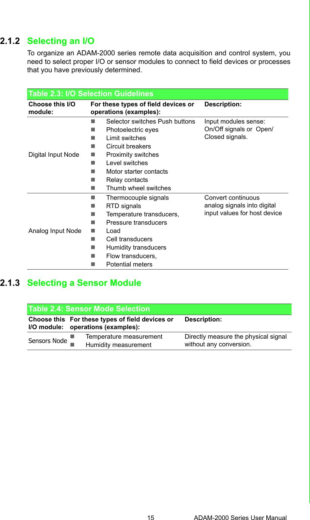 15 ADAM-2000 Series User ManualChapter 2 Selecting Your Hardware2.1.2 Selecting an I/OTo organize an ADAM-2000 series remote data acquisition and control system, youneed to select proper I/O or sensor modules to connect to field devices or processesthat you have previously determined. 2.1.3 Selecting a Sensor ModuleTable 2.3: I/O Selection GuidelinesChoose this I/O module:For these types of field devices or operations (examples):Description:Digital Input NodeSelector switches Push buttonsPhotoelectric eyes Limit switchesCircuit breakersProximity switchesLevel switchesMotor starter contactsRelay contactsThumb wheel switchesInput modules sense:On/Off signals or  Open/Closed signals.Analog Input NodeThermocouple signalsRTD signalsTemperature transducers,Pressure transducersLoadCell transducersHumidity transducersFlow transducers,Potential metersConvert continuousanalog signals into digital input values for host deviceTable 2.4: Sensor Mode SelectionChoose this I/O module:For these types of field devices or operations (examples):Description:Sensors Node Temperature measurementHumidity measurementDirectly measure the physical signal without any conversion.