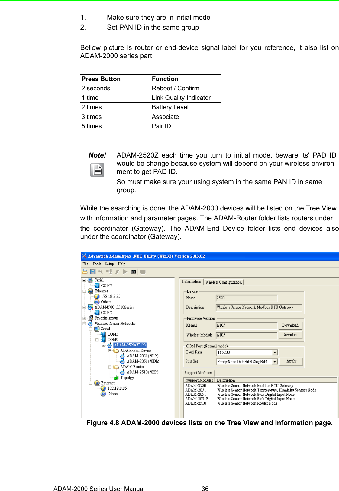 ADAM-2000 Series User Manual 361. Make sure they are in initial mode2. Set PAN ID in the same groupBellow picture is router or end-device signal label for you reference, it also list onADAM-2000 series part.While the searching is done, the ADAM-2000 devices will be listed on the Tree Viewwith information and parameter pages. The ADAM-Router folder lists routers underthe coordinator (Gateway). The ADAM-End Device folder lists end devices alsounder the coordinator (Gateway).Figure 4.8 ADAM-2000 devices lists on the Tree View and Information page.Press Button Function2 seconds Reboot / Confirm1 time Link Quality Indicator2 times Battery Level3 times Associate5 times  Pair IDNote! ADAM-2520Z each time you turn to initial mode, beware its&apos; PAD IDwould be change because system will depend on your wireless environ-ment to get PAD ID. So must make sure your using system in the same PAN ID in same group.