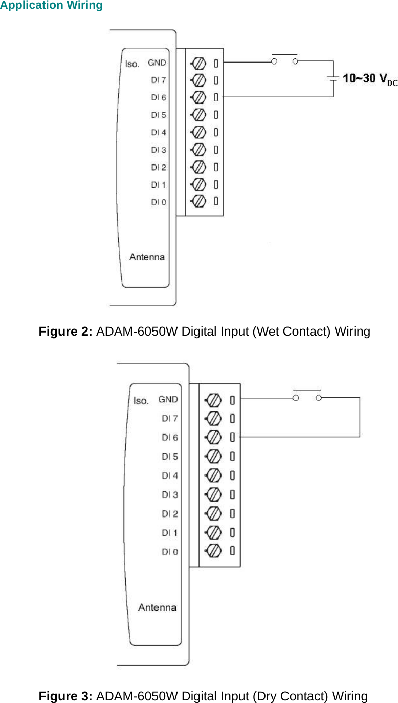 Application Wiring  Figure 2: ADAM-6050W Digital Input (Wet Contact) Wiring  Figure 3: ADAM-6050W Digital Input (Dry Contact) Wiring 