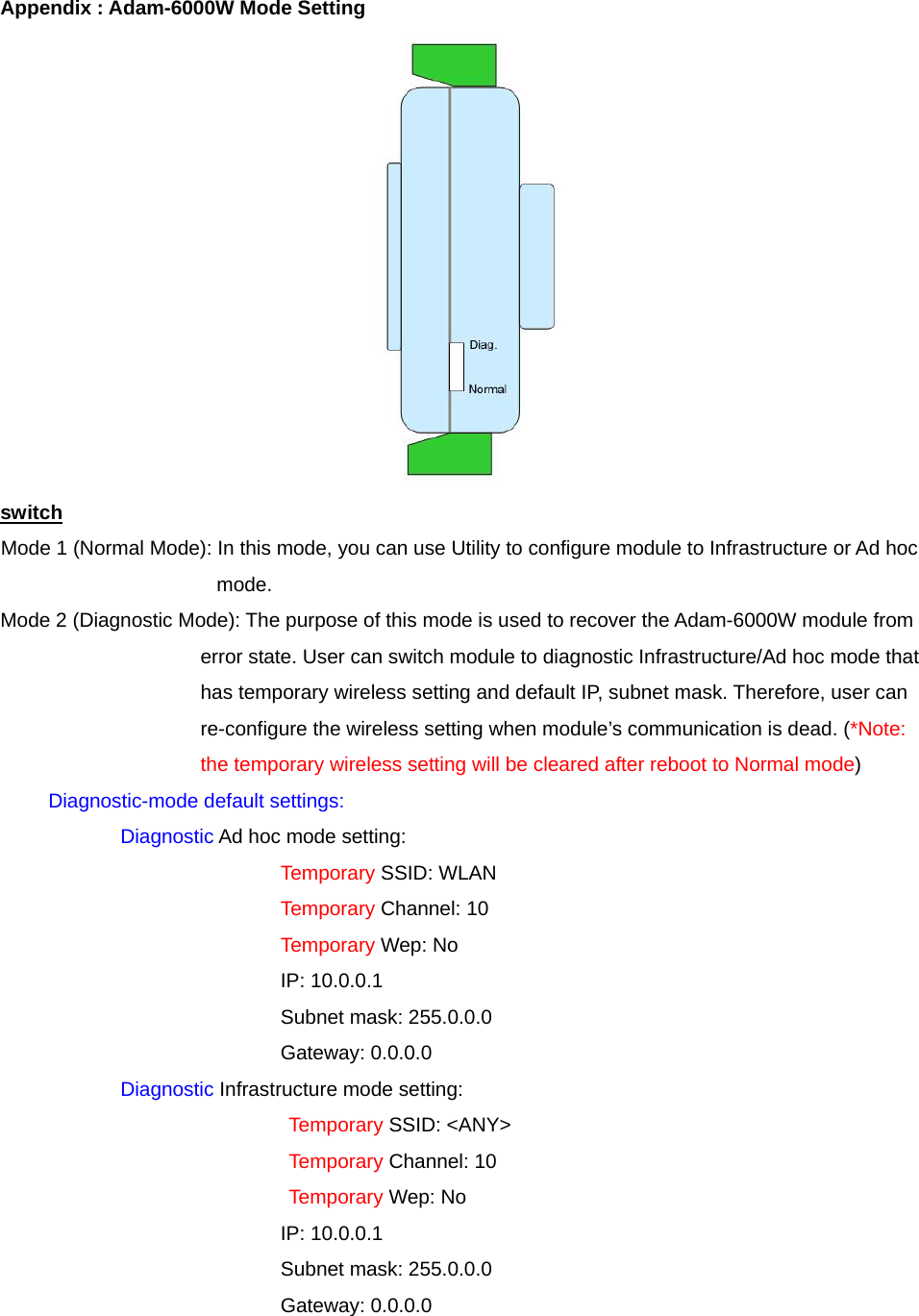 Appendix : Adam-6000W Mode Setting  switch Mode 1 (Normal Mode): In this mode, you can use Utility to configure module to Infrastructure or Ad hoc mode. Mode 2 (Diagnostic Mode): The purpose of this mode is used to recover the Adam-6000W module from error state. User can switch module to diagnostic Infrastructure/Ad hoc mode that has temporary wireless setting and default IP, subnet mask. Therefore, user can re-configure the wireless setting when module’s communication is dead. (*Note: the temporary wireless setting will be cleared after reboot to Normal mode) Diagnostic-mode default settings: Diagnostic Ad hoc mode setting: Temporary SSID: WLAN Temporary Channel: 10 Temporary Wep: No IP: 10.0.0.1 Subnet mask: 255.0.0.0   Gateway: 0.0.0.0 Diagnostic Infrastructure mode setting: Temporary SSID: &lt;ANY&gt; Temporary Channel: 10 Temporary Wep: No IP: 10.0.0.1 Subnet mask: 255.0.0.0 Gateway: 0.0.0.0  