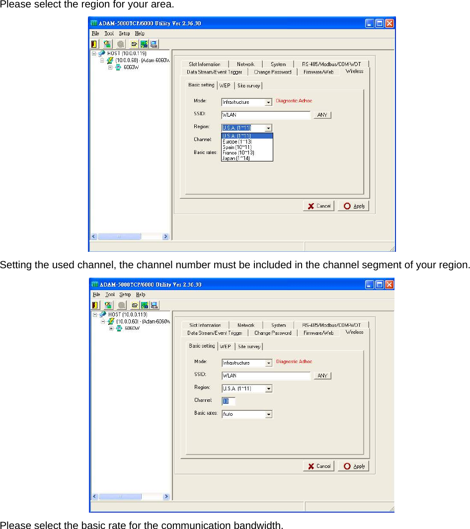 Please select the region for your area.    Setting the used channel, the channel number must be included in the channel segment of your region.  Please select the basic rate for the communication bandwidth. 