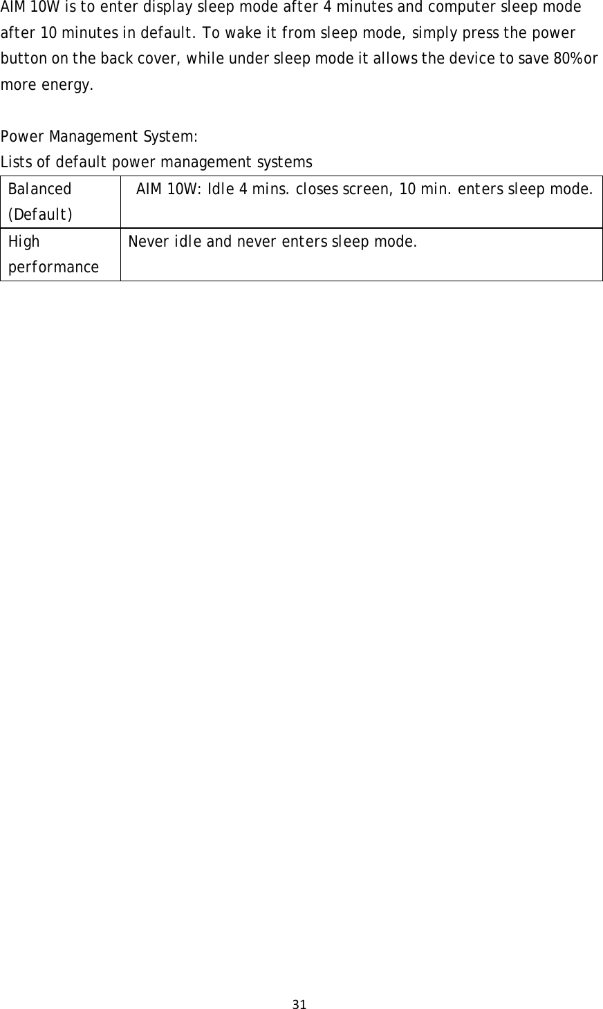 31AIM 10W is to enter display sleep mode after 4 minutes and computer sleep mode after 10 minutes in default. To wake it from sleep mode, simply press the power button on the back cover, while under sleep mode it allows the device to save 80% or more energy.  Power Management System: Lists of default power management systems Balanced (Default)  AIM 10W: Idle 4 mins. closes screen, 10 min. enters sleep mode. High performance Never idle and never enters sleep mode.  