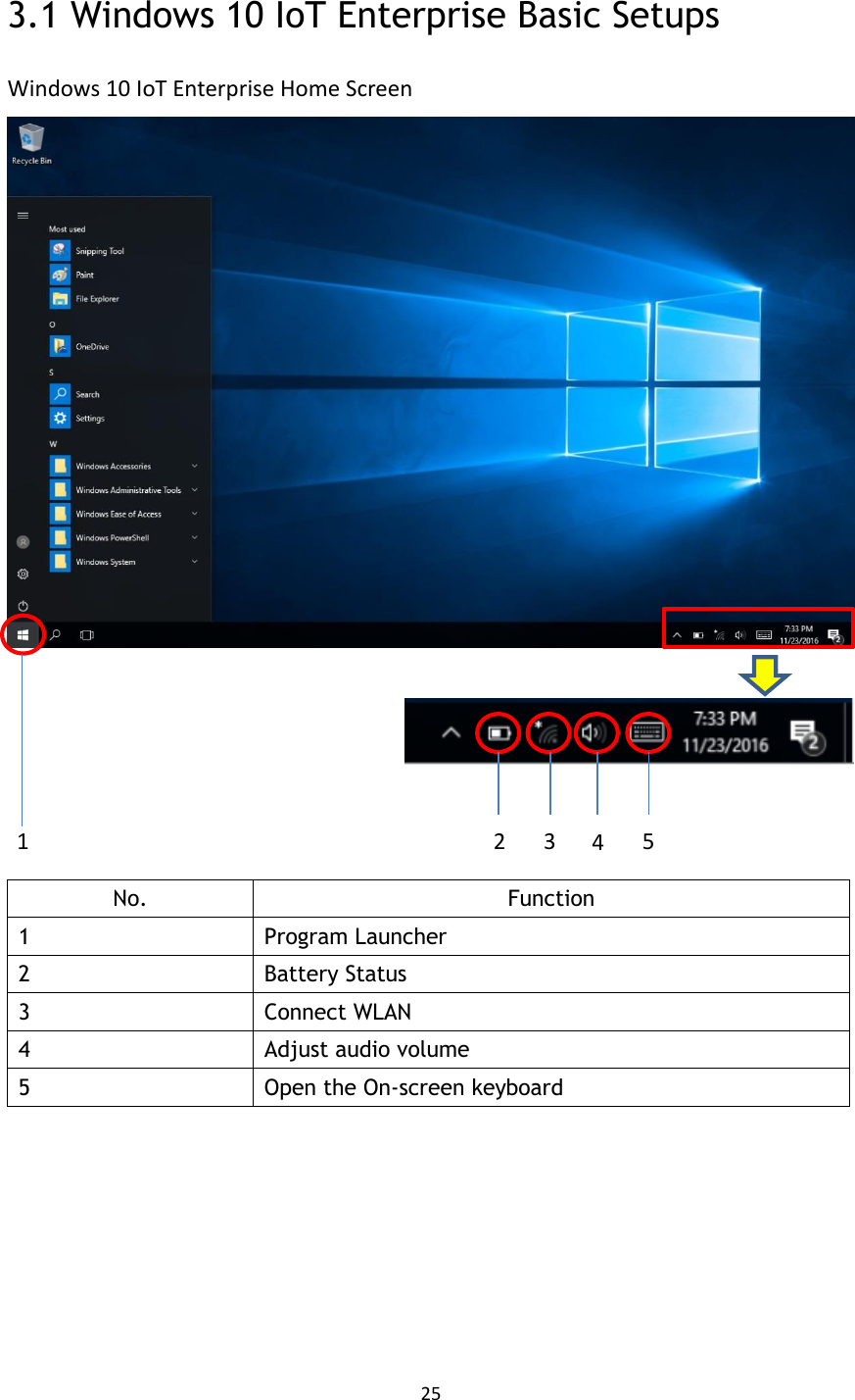 25  3.1 Windows 10 IoT Enterprise Basic Setups Windows 10 IoT Enterprise Home Screen       No. Function 1 Program Launcher 2 Battery Status 3 Connect WLAN 4 Adjust audio volume 5 Open the On-screen keyboard     1 2 3 4 5 