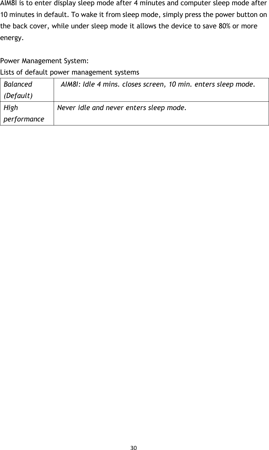 30  AIM8I is to enter display sleep mode after 4 minutes and computer sleep mode after 10 minutes in default. To wake it from sleep mode, simply press the power button on the back cover, while under sleep mode it allows the device to save 80% or more energy.  Power Management System: Lists of default power management systems Balanced (Default) AIM8I: Idle 4 mins. closes screen, 10 min. enters sleep mode. High performance Never idle and never enters sleep mode.  