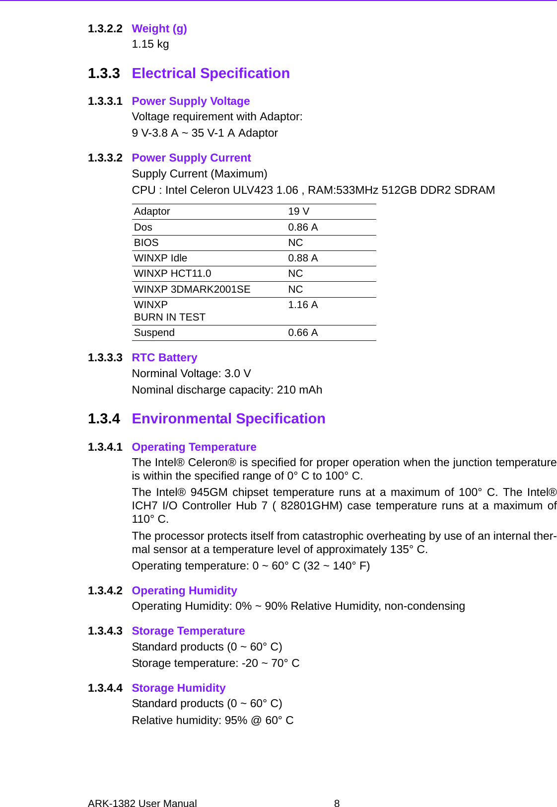 ARK-1382 User Manual 81.3.2.2 Weight (g) 1.15 kg1.3.3 Electrical Specification1.3.3.1 Power Supply VoltageVoltage requirement with Adaptor:9 V-3.8 A ~ 35 V-1 A Adaptor 1.3.3.2 Power Supply CurrentSupply Current (Maximum)CPU : Intel Celeron ULV423 1.06 , RAM:533MHz 512GB DDR2 SDRAM1.3.3.3 RTC BatteryNorminal Voltage: 3.0 VNominal discharge capacity: 210 mAh1.3.4 Environmental Specification1.3.4.1 Operating TemperatureThe Intel® Celeron® is specified for proper operation when the junction temperatureis within the specified range of 0° C to 100° C.The Intel® 945GM chipset temperature runs at a maximum of 100° C. The Intel®ICH7 I/O Controller Hub 7 ( 82801GHM) case temperature runs at a maximum of110° C.The processor protects itself from catastrophic overheating by use of an internal ther-mal sensor at a temperature level of approximately 135° C.Operating temperature: 0 ~ 60° C (32 ~ 140° F)1.3.4.2 Operating HumidityOperating Humidity: 0% ~ 90% Relative Humidity, non-condensing1.3.4.3 Storage TemperatureStandard products (0 ~ 60° C)Storage temperature: -20 ~ 70° C1.3.4.4 Storage HumidityStandard products (0 ~ 60° C)Relative humidity: 95% @ 60° CAdaptor 19 VDos 0.86 ABIOS NCWINXP Idle 0.88 AWINXP HCT11.0 NCWINXP 3DMARK2001SE NCWINXPBURN IN TEST 1.16 ASuspend 0.66 A