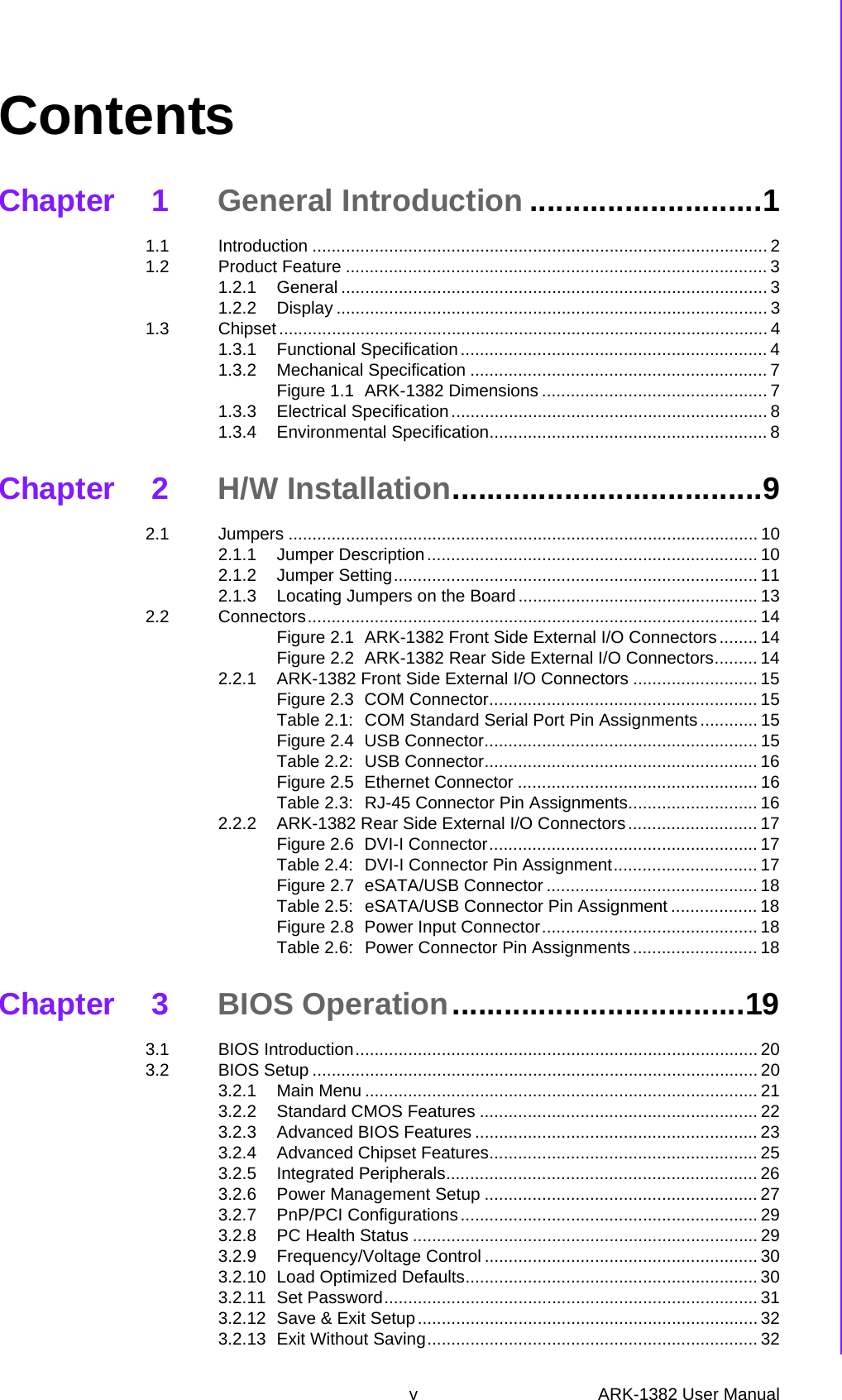 v ARK-1382 User Manual ContentsChapter 1 General Introduction ...........................11.1 Introduction ............................................................................................... 21.2 Product Feature ........................................................................................ 31.2.1 General ......................................................................................... 31.2.2 Display .......................................................................................... 31.3 Chipset ...................................................................................................... 41.3.1 Functional Specification................................................................ 41.3.2 Mechanical Specification .............................................................. 7Figure 1.1 ARK-1382 Dimensions ............................................... 71.3.3 Electrical Specification.................................................................. 81.3.4 Environmental Specification.......................................................... 8Chapter 2 H/W Installation....................................92.1 Jumpers .................................................................................................. 102.1.1 Jumper Description..................................................................... 102.1.2 Jumper Setting............................................................................ 112.1.3 Locating Jumpers on the Board.................................................. 132.2 Connectors.............................................................................................. 14Figure 2.1 ARK-1382 Front Side External I/O Connectors........ 14Figure 2.2 ARK-1382 Rear Side External I/O Connectors......... 142.2.1 ARK-1382 Front Side External I/O Connectors .......................... 15Figure 2.3 COM Connector........................................................ 15Table 2.1: COM Standard Serial Port Pin Assignments............ 15Figure 2.4 USB Connector......................................................... 15Table 2.2: USB Connector......................................................... 16Figure 2.5 Ethernet Connector .................................................. 16Table 2.3: RJ-45 Connector Pin Assignments........................... 162.2.2 ARK-1382 Rear Side External I/O Connectors........................... 17Figure 2.6 DVI-I Connector........................................................ 17Table 2.4: DVI-I Connector Pin Assignment.............................. 17Figure 2.7 eSATA/USB Connector ............................................ 18Table 2.5: eSATA/USB Connector Pin Assignment .................. 18Figure 2.8 Power Input Connector............................................. 18Table 2.6: Power Connector Pin Assignments .......................... 18Chapter 3 BIOS Operation..................................193.1 BIOS Introduction.................................................................................... 203.2 BIOS Setup ............................................................................................. 203.2.1 Main Menu .................................................................................. 213.2.2 Standard CMOS Features .......................................................... 223.2.3 Advanced BIOS Features ........................................................... 233.2.4 Advanced Chipset Features........................................................ 253.2.5 Integrated Peripherals................................................................. 263.2.6 Power Management Setup ......................................................... 273.2.7 PnP/PCI Configurations.............................................................. 293.2.8 PC Health Status ........................................................................ 293.2.9 Frequency/Voltage Control ......................................................... 303.2.10 Load Optimized Defaults............................................................. 303.2.11 Set Password.............................................................................. 313.2.12 Save &amp; Exit Setup....................................................................... 323.2.13 Exit Without Saving..................................................................... 32