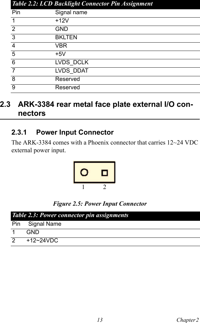 13 Chapter 2  2.3 ARK-3384 rear metal face plate external I/O con-nectors2.3.1 Power Input ConnectorThe ARK-3384 comes with a Phoenix connector that carries 12~24 VDC external power input.Figure 2.5: Power Input ConnectorTable 2.2: LCD Backlight Connector Pin AssignmentPin Signal name1 +12V2GND3 BKLTEN4 VBR5+5V6 LVDS_DCLK7 LVDS_DDAT8 Reserved9 ReservedTable 2.3: Power connector pin assignmentsPin     Signal Name1       GND2       +12~24VDC12