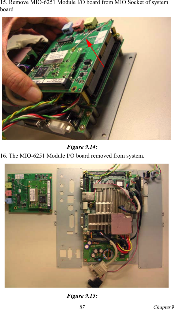 87 Chapter 9  15. Remove MIO-6251 Module I/O board from MIO Socket of system boardFigure 9.14: 16. The MIO-6251 Module I/O board removed from system.Figure 9.15: 