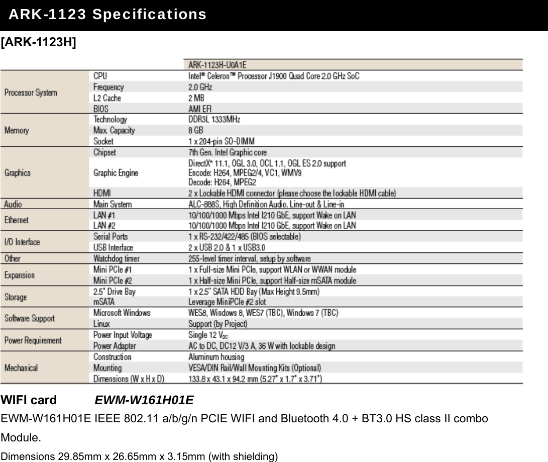     [ARK-1123H]  WIFI card      EWM-W161H01E  EWM-W161H01E IEEE 802.11 a/b/g/n PCIE WIFI and Bluetooth 4.0 + BT3.0 HS class II combo Module. Dimensions 29.85mm x 26.65mm x 3.15mm (with shielding)                ARK-1123 Specifications 