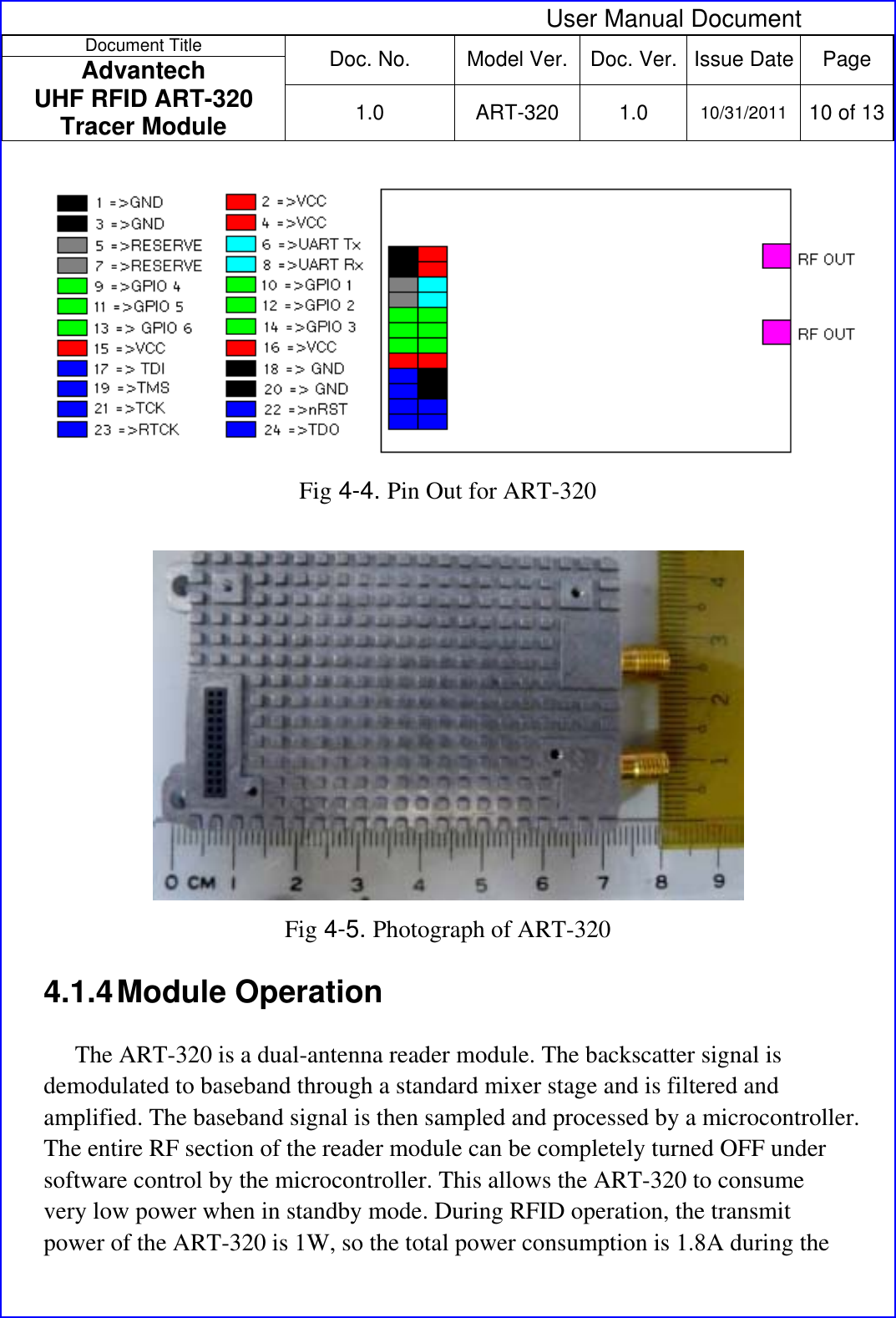  User Manual Document Document Title  Doc. No.  Model Ver. Doc. Ver.  Issue Date Page Advantech  UHF RFID ART-320 Tracer Module  1.0 ART-320 1.0 10/31/2011 10 of 13   Fig 4-4. Pin Out for ART-320   Fig 4-5. Photograph of ART-320 4.1.4 Module  Operation   The ART-320 is a dual-antenna reader module. The backscatter signal is demodulated to baseband through a standard mixer stage and is filtered and amplified. The baseband signal is then sampled and processed by a microcontroller.   The entire RF section of the reader module can be completely turned OFF under software control by the microcontroller. This allows the ART-320 to consume very low power when in standby mode. During RFID operation, the transmit power of the ART-320 is 1W, so the total power consumption is 1.8A during the 