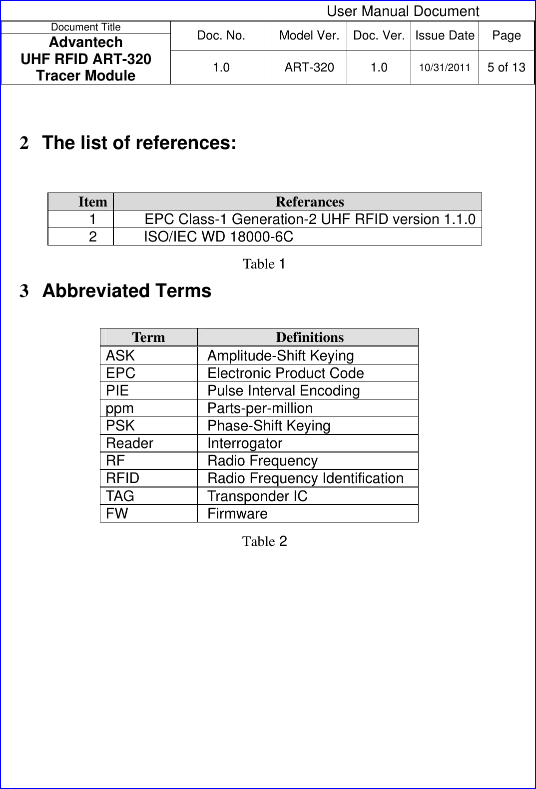  User Manual Document Document Title  Doc. No.  Model Ver. Doc. Ver.  Issue Date Page Advantech  UHF RFID ART-320 Tracer Module  1.0 ART-320 1.0 10/31/2011 5 of 13   2  The list of references:  Item  Referances 1  EPC Class-1 Generation-2 UHF RFID version 1.1.02 ISO/IEC WD 18000-6C Table 1 3  Abbreviated Terms  Term Definitions ASK Amplitude-Shift Keying EPC  Electronic Product Code PIE  Pulse Interval Encoding ppm Parts-per-million PSK Phase-Shift Keying Reader Interrogator RF Radio Frequency RFID  Radio Frequency Identification TAG Transponder IC FW Firmware Table 2  