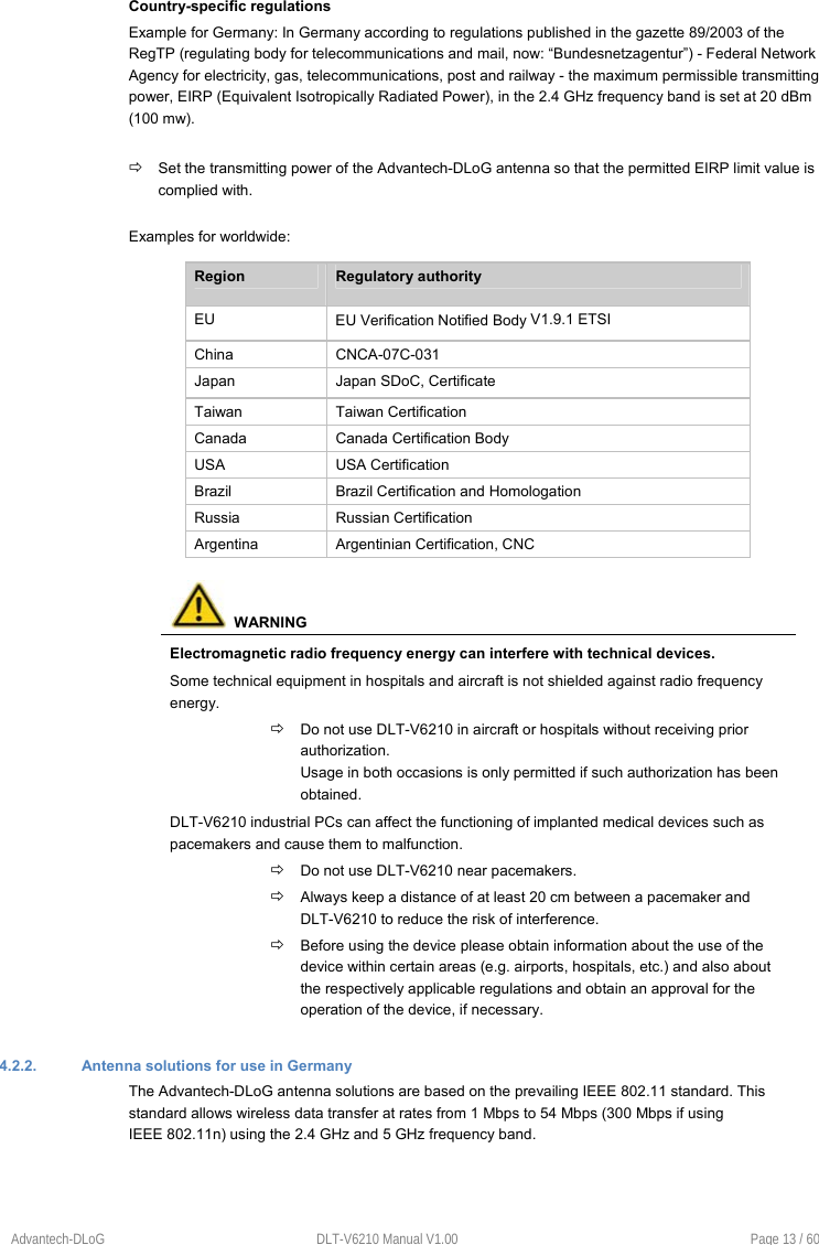 Advantech-DLoG  DLT-V6210 Manual V1.00  Page 13 / 60 Country-specific regulations Example for Germany: In Germany according to regulations published in the gazette 89/2003 of the RegTP (regulating body for telecommunications and mail, now: “Bundesnetzagentur”) - Federal Network Agency for electricity, gas, telecommunications, post and railway - the maximum permissible transmitting power, EIRP (Equivalent Isotropically Radiated Power), in the 2.4 GHz frequency band is set at 20 dBm (100 mw).  Set the transmitting power of the Advantech-DLoG antenna so that the permitted EIRP limit value is complied with. Examples for worldwide: Region  Regulatory authority EU  EU Verification Notified Body V1.9.1 ETSI China   CNCA-07C-031 Japan  Japan SDoC, Certificate Taiwan  Taiwan Certification Canada  Canada Certification Body USA  USA Certification Brazil  Brazil Certification and Homologation Russia  Russian Certification Argentina  Argentinian Certification, CNC   WARNING Electromagnetic radio frequency energy can interfere with technical devices. Some technical equipment in hospitals and aircraft is not shielded against radio frequency energy.  Do not use DLT-V6210 in aircraft or hospitals without receiving prior authorization.  Usage in both occasions is only permitted if such authorization has been obtained. DLT-V6210 industrial PCs can affect the functioning of implanted medical devices such as pacemakers and cause them to malfunction.  Do not use DLT-V6210 near pacemakers.  Always keep a distance of at least 20 cm between a pacemaker and DLT-V6210 to reduce the risk of interference.  Before using the device please obtain information about the use of the device within certain areas (e.g. airports, hospitals, etc.) and also about the respectively applicable regulations and obtain an approval for the operation of the device, if necessary. 4.2.2.  Antenna solutions for use in Germany The Advantech-DLoG antenna solutions are based on the prevailing IEEE 802.11 standard. This standard allows wireless data transfer at rates from 1 Mbps to 54 Mbps (300 Mbps if using IEEE 802.11n) using the 2.4 GHz and 5 GHz frequency band. 