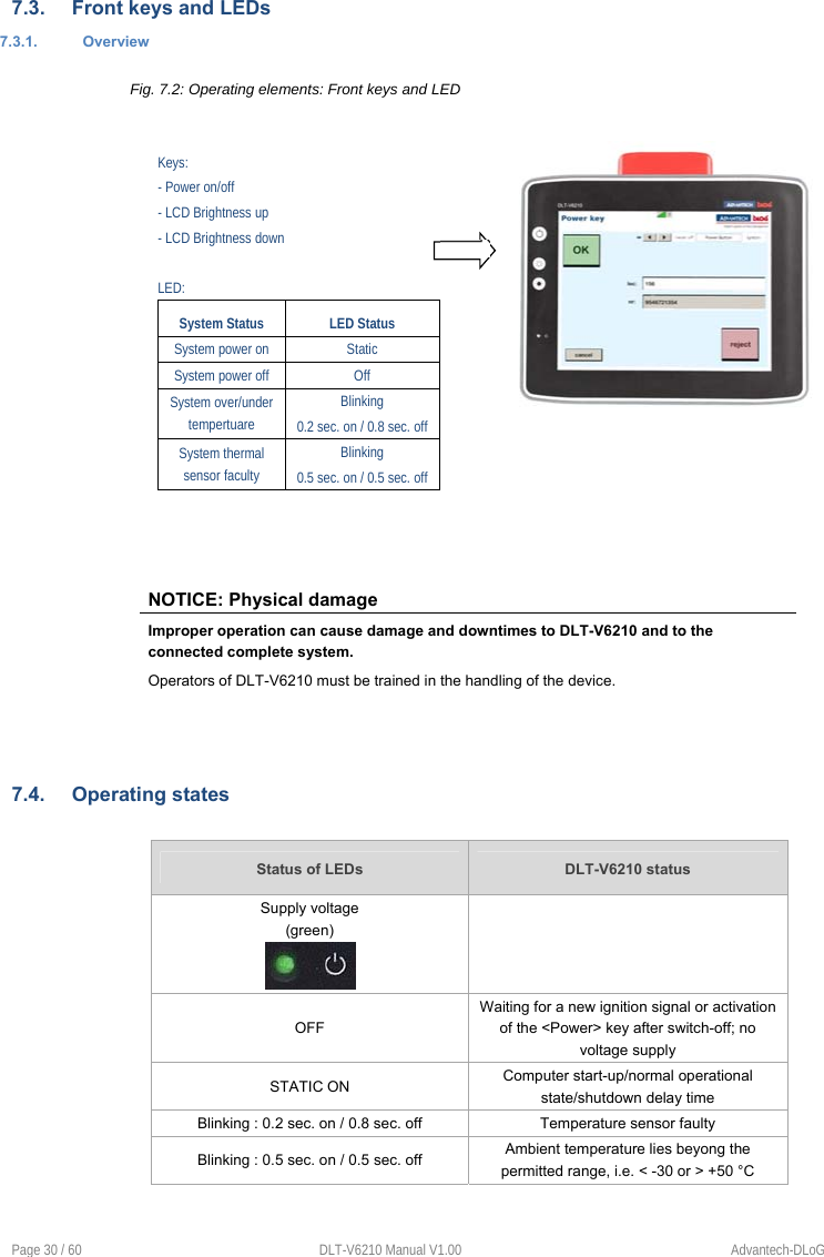  Page 30 / 60  DLT-V6210 Manual V1.00  Advantech-DLoG 7.3.  Front keys and LEDs 7.3.1.  Overview  Fig. 7.2: Operating elements: Front keys and LED          NOTICE: Physical damage Improper operation can cause damage and downtimes to DLT-V6210 and to the connected complete system. Operators of DLT-V6210 must be trained in the handling of the device.   7.4.  Operating states  Status of LEDs  DLT-V6210 status Supply voltage (green)   OFF Waiting for a new ignition signal or activation of the &lt;Power&gt; key after switch-off; no voltage supply STATIC ON  Computer start-up/normal operational state/shutdown delay time Blinking : 0.2 sec. on / 0.8 sec. off  Temperature sensor faulty Blinking : 0.5 sec. on / 0.5 sec. off  Ambient temperature lies beyong the permitted range, i.e. &lt; -30 or &gt; +50 °C  Keys: - Power on/off - LCD Brightness up - LCD Brightness down  LED: System Status  LED Status System power on  Static System power off  Off System over/under tempertuare Blinking 0.2 sec. on / 0.8 sec. off System thermal sensor faculty Blinking 0.5 sec. on / 0.5 sec. off  