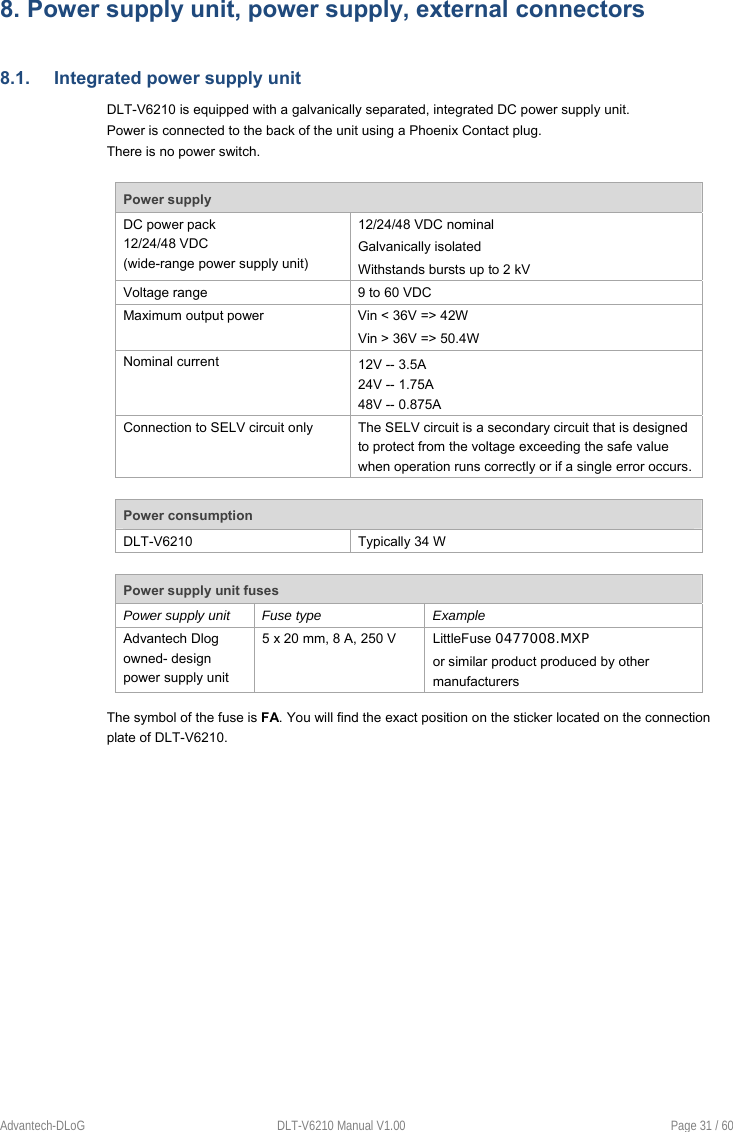    Advantech-DLoG  DLT-V6210 Manual V1.00  Page 31 / 60 8. Power supply unit, power supply, external connectors 8.1.  Integrated power supply unit DLT-V6210 is equipped with a galvanically separated, integrated DC power supply unit. Power is connected to the back of the unit using a Phoenix Contact plug.  There is no power switch.  Power supply DC power pack  12/24/48 VDC  (wide-range power supply unit) 12/24/48 VDC nominal Galvanically isolated Withstands bursts up to 2 kV Voltage range  9 to 60 VDC Maximum output power  Vin &lt; 36V =&gt; 42W Vin &gt; 36V =&gt; 50.4W Nominal current  12V -- 3.5A  24V -- 1.75A 48V -- 0.875A  Connection to SELV circuit only  The SELV circuit is a secondary circuit that is designed to protect from the voltage exceeding the safe value when operation runs correctly or if a single error occurs. Power consumption DLT-V6210  Typically 34 W  Power supply unit fuses Power supply unit  Fuse type  Example Advantech Dlog owned- design power supply unit 5 x 20 mm, 8 A, 250 V   LittleFuse 0477008.MXP or similar product produced by other manufacturers  The symbol of the fuse is FA. You will find the exact position on the sticker located on the connection plate of DLT-V6210.    