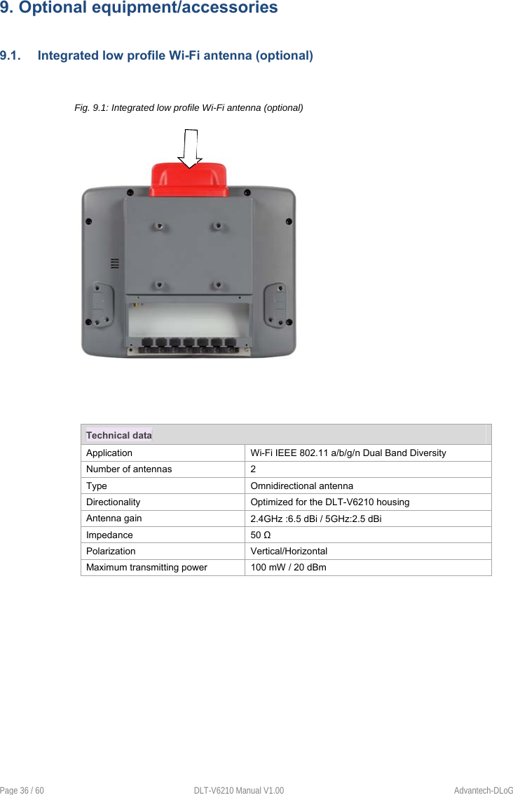 Page 36 / 60  DLT-V6210 Manual V1.00  Advantech-DLoG 9. Optional equipment/accessories9.1.  Integrated low profile Wi-Fi antenna (optional) Fig. 9.1: Integrated low profile Wi-Fi antenna (optional) Technical data Application  Wi-Fi IEEE 802.11 a/b/g/n Dual Band Diversity Number of antennas  2 Type  Omnidirectional antenna Directionality  Optimized for the DLT-V6210 housing Antenna gain  2.4GHz :6.5 dBi / 5GHz:2.5 dBi Impedance  50 Ω Polarization  Vertical/Horizontal Maximum transmitting power  100 mW / 20 dBm 
