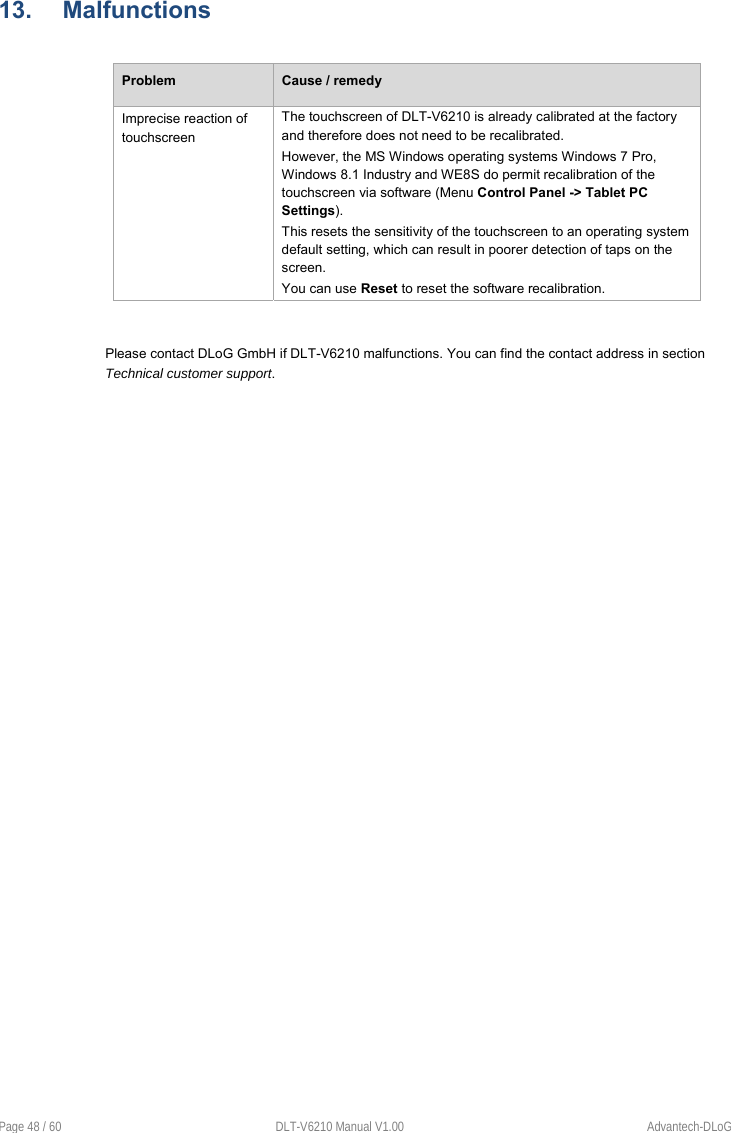  Page 48 / 60  DLT-V6210 Manual V1.00  Advantech-DLoG 13.  Malfunctions  Problem  Cause / remedy Imprecise reaction of touchscreen  The touchscreen of DLT-V6210 is already calibrated at the factory and therefore does not need to be recalibrated. However, the MS Windows operating systems Windows 7 Pro, Windows 8.1 Industry and WE8S do permit recalibration of the touchscreen via software (Menu Control Panel -&gt; Tablet PC Settings). This resets the sensitivity of the touchscreen to an operating system default setting, which can result in poorer detection of taps on the screen. You can use Reset to reset the software recalibration.    Please contact DLoG GmbH if DLT-V6210 malfunctions. You can find the contact address in section Technical customer support.       