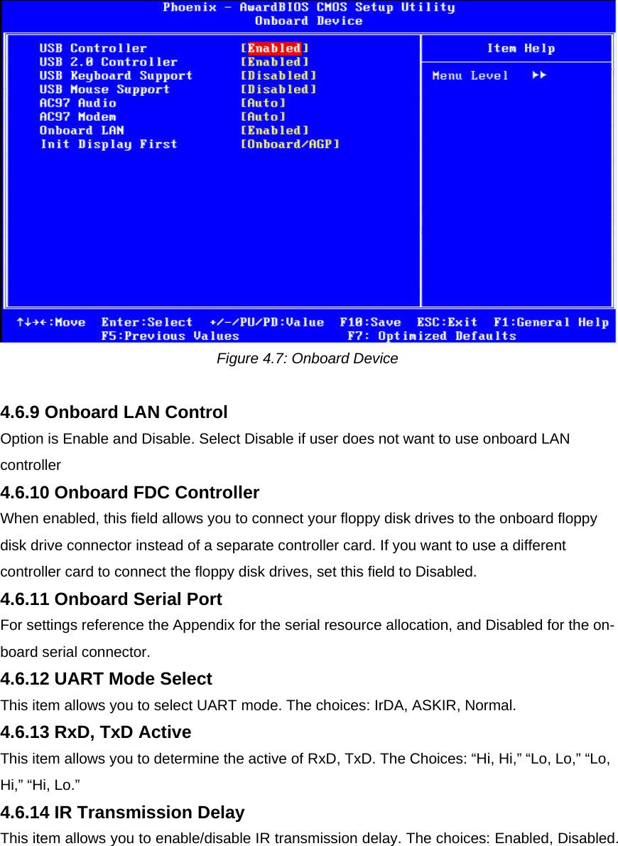  Figure 4.7: Onboard Device  4.6.9 Onboard LAN Control  Option is Enable and Disable. Select Disable if user does not want to use onboard LAN controller  4.6.10 Onboard FDC Controller  When enabled, this field allows you to connect your floppy disk drives to the onboard floppy disk drive connector instead of a separate controller card. If you want to use a different controller card to connect the floppy disk drives, set this field to Disabled.  4.6.11 Onboard Serial Port  For settings reference the Appendix for the serial resource allocation, and Disabled for the on-board serial connector.  4.6.12 UART Mode Select  This item allows you to select UART mode. The choices: IrDA, ASKIR, Normal.  4.6.13 RxD, TxD Active  This item allows you to determine the active of RxD, TxD. The Choices: “Hi, Hi,” “Lo, Lo,” “Lo, Hi,” “Hi, Lo.”  4.6.14 IR Transmission Delay  This item allows you to enable/disable IR transmission delay. The choices: Enabled, Disabled.   