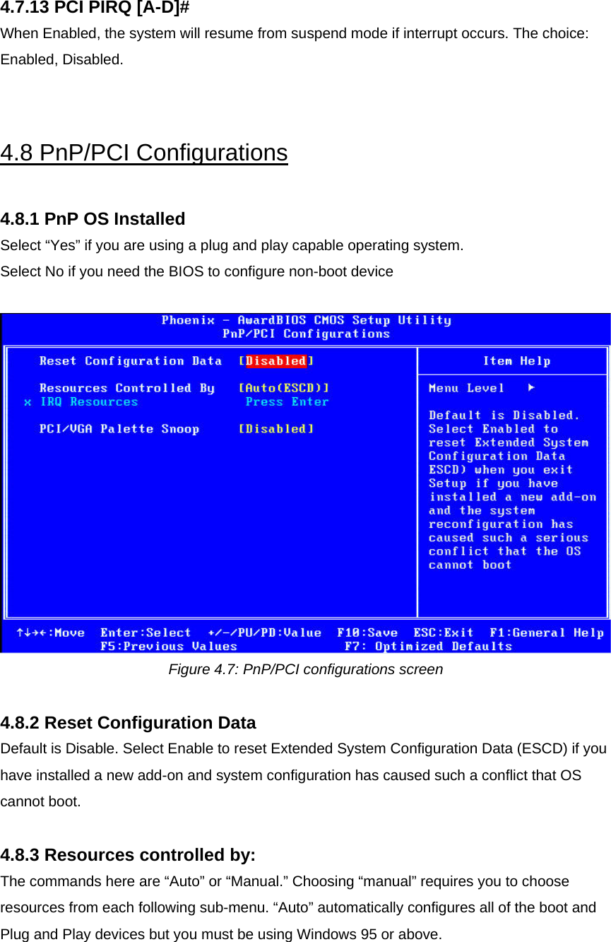  4.7.13 PCI PIRQ [A-D]# When Enabled, the system will resume from suspend mode if interrupt occurs. The choice: Enabled, Disabled.   4.8 PnP/PCI Configurations  4.8.1 PnP OS Installed Select “Yes” if you are using a plug and play capable operating system. Select No if you need the BIOS to configure non-boot device   Figure 4.7: PnP/PCI configurations screen  4.8.2 Reset Configuration Data Default is Disable. Select Enable to reset Extended System Configuration Data (ESCD) if you have installed a new add-on and system configuration has caused such a conflict that OS cannot boot.  4.8.3 Resources controlled by: The commands here are “Auto” or “Manual.” Choosing “manual” requires you to choose resources from each following sub-menu. “Auto” automatically configures all of the boot and Plug and Play devices but you must be using Windows 95 or above.   