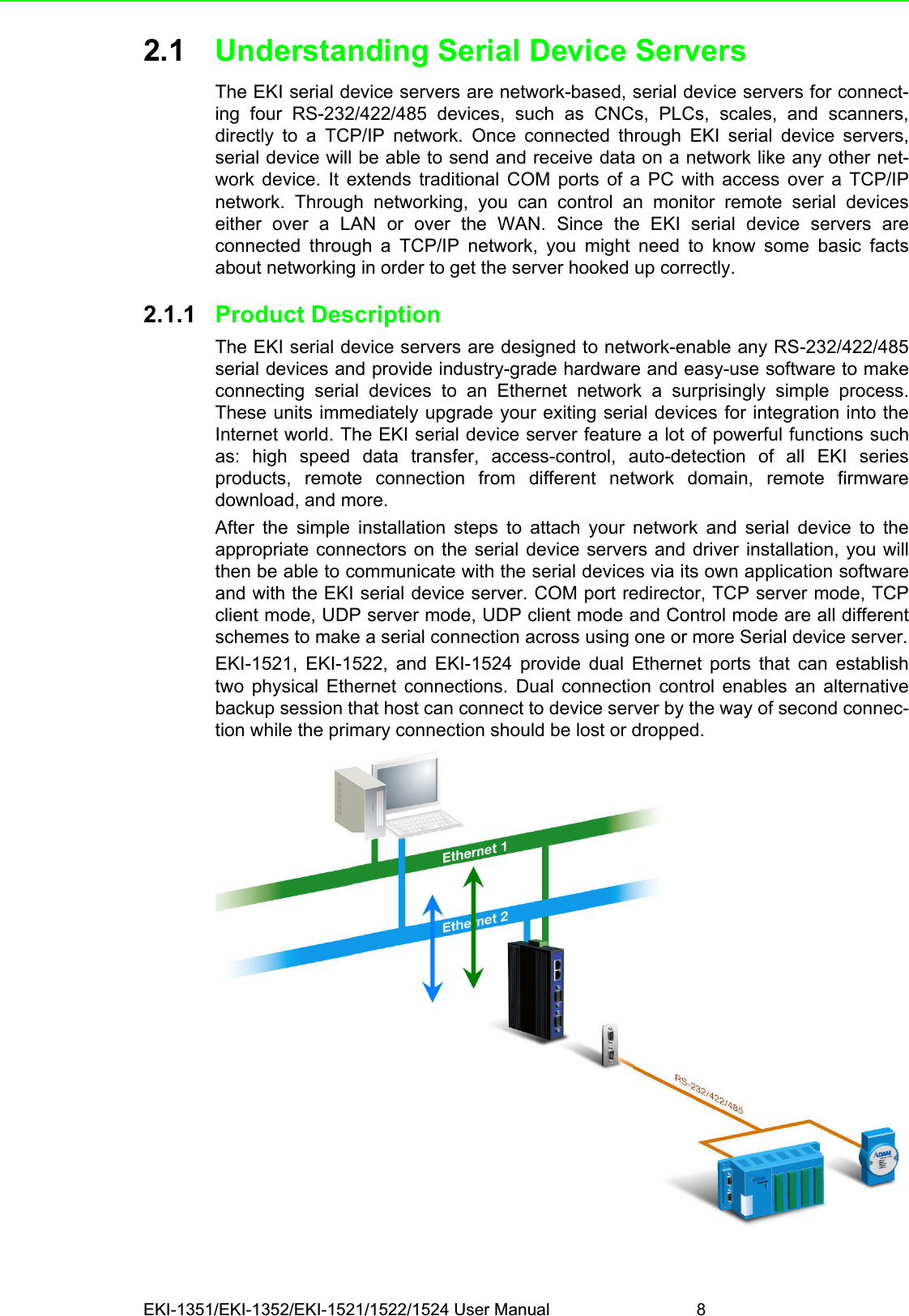 EKI-1351/EKI-1352/EKI-1521/1522/1524 User Manual 82.1 Understanding Serial Device ServersThe EKI serial device servers are network-based, serial device servers for connect-ing four RS-232/422/485 devices, such as CNCs, PLCs, scales, and scanners,directly to a TCP/IP network. Once connected through EKI serial device servers,serial device will be able to send and receive data on a network like any other net-work device. It extends traditional COM ports of a PC with access over a TCP/IPnetwork. Through networking, you can control an monitor remote serial deviceseither over a LAN or over the WAN. Since the EKI serial device servers areconnected through a TCP/IP network, you might need to know some basic factsabout networking in order to get the server hooked up correctly.2.1.1 Product DescriptionThe EKI serial device servers are designed to network-enable any RS-232/422/485serial devices and provide industry-grade hardware and easy-use software to makeconnecting serial devices to an Ethernet network a surprisingly simple process.These units immediately upgrade your exiting serial devices for integration into theInternet world. The EKI serial device server feature a lot of powerful functions suchas: high speed data transfer, access-control, auto-detection of all EKI seriesproducts, remote connection from different network domain, remote firmwaredownload, and more.After the simple installation steps to attach your network and serial device to theappropriate connectors on the serial device servers and driver installation, you willthen be able to communicate with the serial devices via its own application softwareand with the EKI serial device server. COM port redirector, TCP server mode, TCPclient mode, UDP server mode, UDP client mode and Control mode are all differentschemes to make a serial connection across using one or more Serial device server.EKI-1521, EKI-1522, and EKI-1524 provide dual Ethernet ports that can establishtwo physical Ethernet connections. Dual connection control enables an alternativebackup session that host can connect to device server by the way of second connec-tion while the primary connection should be lost or dropped.