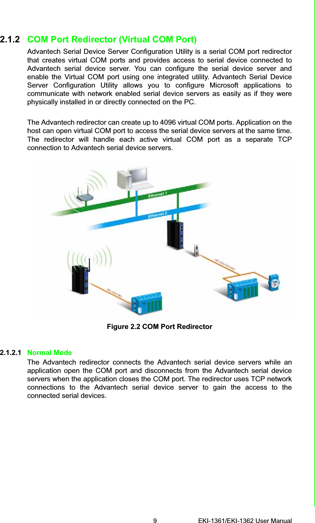 9 EKI-1361/EKI-1362 User ManualChapter 2 Getting Started2.1.2 COM Port Redirector (Virtual COM Port)Advantech Serial Device Server Configuration Utility is a serial COM port redirectorthat creates virtual COM ports and provides access to serial device connected toAdvantech serial device server. You can configure the serial device server andenable the Virtual COM port using one integrated utility. Advantech Serial DeviceServer Configuration Utility allows you to configure Microsoft applications tocommunicate with network enabled serial device servers as easily as if they werephysically installed in or directly connected on the PC.The Advantech redirector can create up to 4096 virtual COM ports. Application on thehost can open virtual COM port to access the serial device servers at the same time.The redirector will handle each active virtual COM port as a separate TCPconnection to Advantech serial device servers.Figure 2.2 COM Port Redirector2.1.2.1 Normal ModeThe Advantech redirector connects the Advantech serial device servers while anapplication open the COM port and disconnects from the Advantech serial deviceservers when the application closes the COM port. The redirector uses TCP networkconnections to the Advantech serial device server to gain the access to theconnected serial devices.