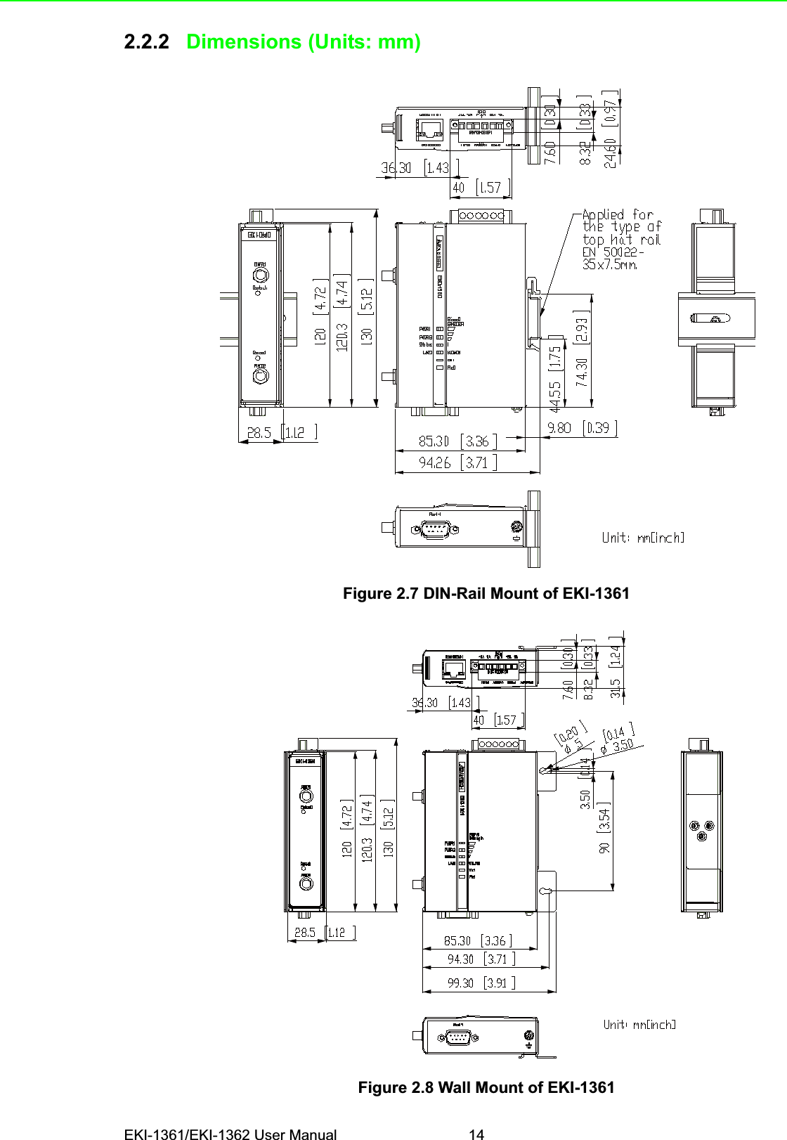 EKI-1361/EKI-1362 User Manual 142.2.2 Dimensions (Units: mm)Figure 2.7 DIN-Rail Mount of EKI-1361Figure 2.8 Wall Mount of EKI-1361