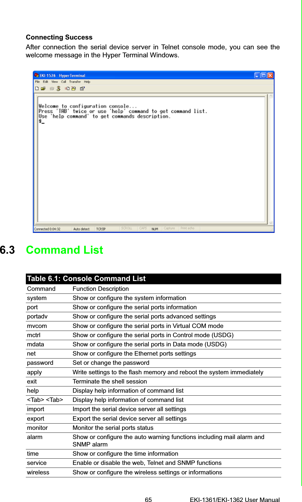 65 EKI-1361/EKI-1362 User ManualChapter 6 Telnet ConfigurationConnecting SuccessAfter connection the serial device server in Telnet console mode, you can see thewelcome message in the Hyper Terminal Windows.6.3 Command ListTable 6.1: Console Command ListCommand Function Descriptionsystem Show or configure the system informationport Show or configure the serial ports informationportadv Show or configure the serial ports advanced settingsmvcom Show or configure the serial ports in Virtual COM modemctrl Show or configure the serial ports in Control mode (USDG)mdata Show or configure the serial ports in Data mode (USDG)net Show or configure the Ethernet ports settingspassword Set or change the passwordapply Write settings to the flash memory and reboot the system immediatelyexit Terminate the shell sessionhelp Display help information of command list&lt;Tab&gt; &lt;Tab&gt; Display help information of command listimport Import the serial device server all settingsexport Export the serial device server all settingsmonitor Monitor the serial ports statusalarm Show or configure the auto warning functions including mail alarm and SNMP alarmtime Show or configure the time informationservice Enable or disable the web, Telnet and SNMP functionswireless          Show or configure the wireless settings or informations