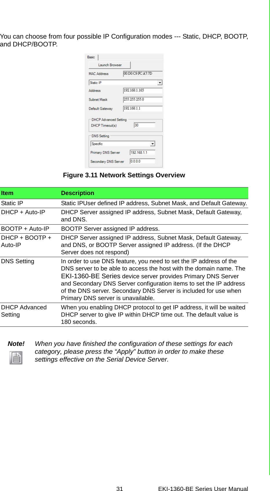 31 EKI-1360-BE Series User Manual You can choose from four possible IP Configuration modes --- Static, DHCP, BOOTP,and DHCP/BOOTP.Figure 3.11 Network Settings OverviewItem DescriptionStatic IP Static IPUser defined IP address, Subnet Mask, and Default Gateway.DHCP + Auto-IP DHCP Server assigned IP address, Subnet Mask, Default Gateway, and DNS.BOOTP + Auto-IP BOOTP Server assigned IP address.DHCP + BOOTP + Auto-IP DHCP Server assigned IP address, Subnet Mask, Default Gateway, and DNS, or BOOTP Server assigned IP address. (If the DHCP Server does not respond)DNS Setting In order to use DNS feature, you need to set the IP address of the DNS server to be able to access the host with the domain name. The EKI-1360-BE Series device server provides Primary DNS Server and Secondary DNS Server configuration items to set the IP address of the DNS server. Secondary DNS Server is included for use when Primary DNS server is unavailable.DHCP Advanced Setting When you enabling DHCP protocol to get IP address, it will be waited DHCP server to give IP within DHCP time out. The default value is 180 seconds.Note! When you have finished the configuration of these settings for each category, please press the “Apply” button in order to make these settings effective on the Serial Device Server.
