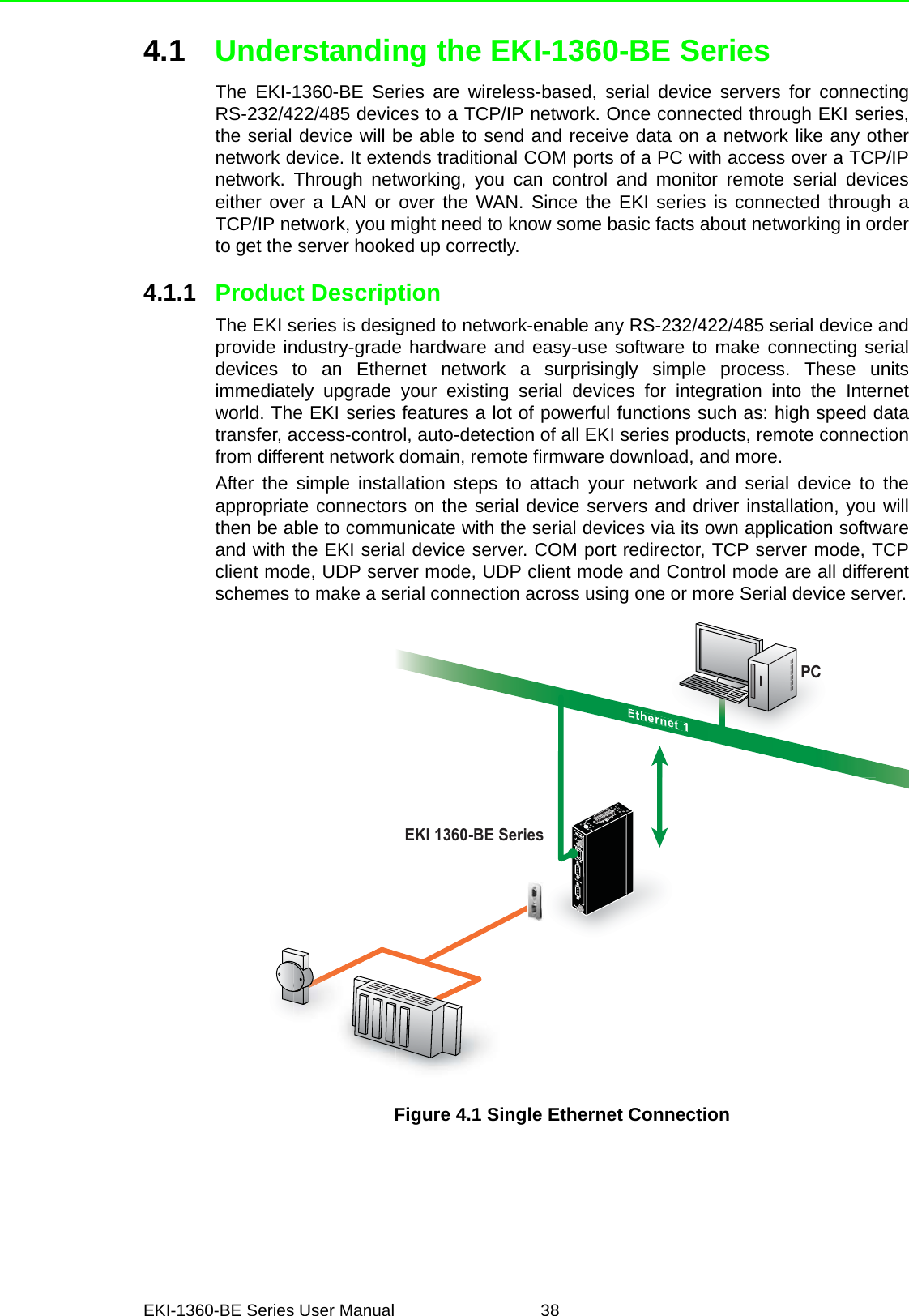EKI-1360-BE Series User Manual 384.1 Understanding the EKI-1360-BE SeriesThe EKI-1360-BE Series are wireless-based, serial device servers for connectingRS-232/422/485 devices to a TCP/IP network. Once connected through EKI series,the serial device will be able to send and receive data on a network like any othernetwork device. It extends traditional COM ports of a PC with access over a TCP/IPnetwork. Through networking, you can control and monitor remote serial deviceseither over a LAN or over the WAN. Since the EKI series is connected through aTCP/IP network, you might need to know some basic facts about networking in orderto get the server hooked up correctly.4.1.1 Product DescriptionThe EKI series is designed to network-enable any RS-232/422/485 serial device andprovide industry-grade hardware and easy-use software to make connecting serialdevices to an Ethernet network a surprisingly simple process. These unitsimmediately upgrade your existing serial devices for integration into the Internetworld. The EKI series features a lot of powerful functions such as: high speed datatransfer, access-control, auto-detection of all EKI series products, remote connectionfrom different network domain, remote firmware download, and more.After the simple installation steps to attach your network and serial device to theappropriate connectors on the serial device servers and driver installation, you willthen be able to communicate with the serial devices via its own application softwareand with the EKI serial device server. COM port redirector, TCP server mode, TCPclient mode, UDP server mode, UDP client mode and Control mode are all differentschemes to make a serial connection across using one or more Serial device server.Figure 4.1 Single Ethernet ConnectionEKI 1360-BE SeriesResetWLANEthernet 1Ethernet 1PC