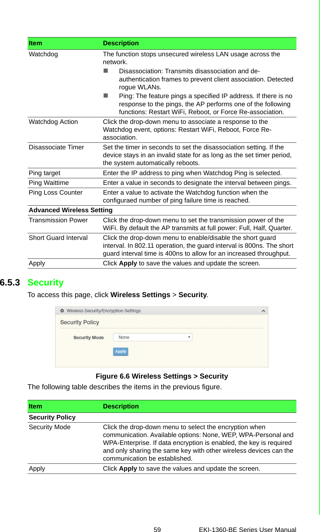 59 EKI-1360-BE Series User Manual 6.5.3 SecurityTo access this page, click Wireless Settings &gt; Security.Figure 6.6 Wireless Settings &gt; SecurityThe following table describes the items in the previous figure.Watchdog The function stops unsecured wireless LAN usage across the network. Disassociation: Transmits disassociation and de-authentication frames to prevent client association. Detected rogue WLANs.Ping: The feature pings a specified IP address. If there is no response to the pings, the AP performs one of the following functions: Restart WiFi, Reboot, or Force Re-association.Watchdog Action Click the drop-down menu to associate a response to the Watchdog event, options: Restart WiFi, Reboot, Force Re-association.Disassociate Timer Set the timer in seconds to set the disassociation setting. If the device stays in an invalid state for as long as the set timer period, the system automatically reboots.Ping target Enter the IP address to ping when Watchdog Ping is selected.Ping Waittime Enter a value in seconds to designate the interval between pings.Ping Loss Counter Enter a value to activate the Watchdog function when the configuraed number of ping failure time is reached.Advanced Wireless SettingTransmission Power Click the drop-down menu to set the transmission power of the WiFi. By default the AP transmits at full power: Full, Half, Quarter.Short Guard Interval Click the drop-down menu to enable/disable the short guard interval. In 802.11 operation, the guard interval is 800ns. The short guard interval time is 400ns to allow for an increased throughput. Apply Click Apply to save the values and update the screen.Item DescriptionItem DescriptionSecurity PolicySecurity Mode Click the drop-down menu to select the encryption when communication. Available options: None, WEP, WPA-Personal and WPA-Enterprise. If data encryption is enabled, the key is required and only sharing the same key with other wireless devices can the communication be established.Apply Click Apply to save the values and update the screen.