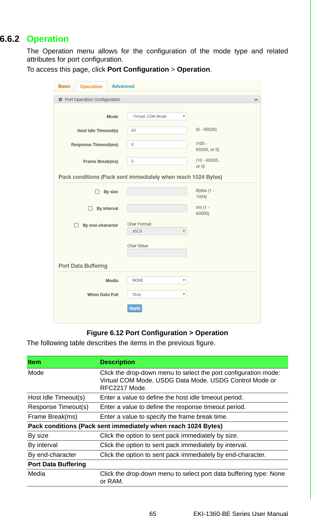 65 EKI-1360-BE Series User Manual 6.6.2 OperationThe Operation menu allows for the configuration of the mode type and relatedattributes for port configuration.To access this page, click Port Configuration &gt; Operation.Figure 6.12 Port Configuration &gt; OperationThe following table describes the items in the previous figure.Item DescriptionMode Click the drop-down menu to select the port configuration mode: Virtual COM Mode, USDG Data Mode, USDG Control Mode or RFC2217 Mode.Host Idle Timeout(s) Enter a value to define the host idle timeout period.Response Timeout(s) Enter a value to define the response timeout period.Frame Break(ms) Enter a value to specify the frame break time.Pack conditions (Pack sent immediately when reach 1024 Bytes)By size Click the option to sent pack immediately by size.By interval Click the option to sent pack immediately by interval.By end-character Click the option to sent pack immediately by end-character.Port Data BufferingMedia Click the drop-down menu to select port data buffering type: None or RAM.