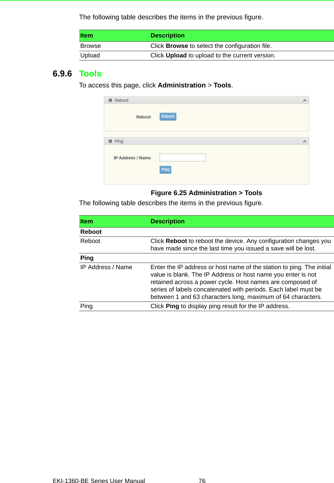 EKI-1360-BE Series User Manual 76The following table describes the items in the previous figure.6.9.6 ToolsTo access this page, click Administration &gt; Tools.Figure 6.25 Administration &gt; ToolsThe following table describes the items in the previous figure.Item DescriptionBrowse Click Browse to select the configuration file.Upload Click Upload to upload to the current version.Item DescriptionRebootReboot Click Reboot to reboot the device. Any configuration changes you have made since the last time you issued a save will be lost.PingIP Address / Name Enter the IP address or host name of the station to ping. The initial value is blank. The IP Address or host name you enter is not retained across a power cycle. Host names are composed of series of labels concatenated with periods. Each label must be between 1 and 63 characters long, maximum of 64 characters.Ping Click Ping to display ping result for the IP address.