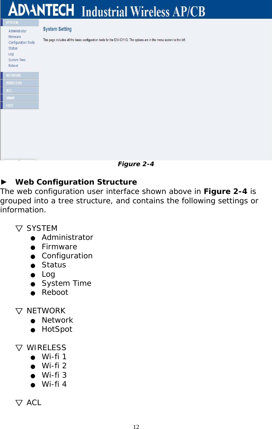                    Figure 2-4  ►  Web Configuration Structure The web configuration user interface shown above in Figure 2-4 is grouped into a tree structure, and contains the following settings or information.   ▽ SYSTEM ●  Administrator ●  Firmware ●  Configuration ●  Status ●  Log ●  System Time ●  Reboot  ▽ NETWORK ●  Network ●  HotSpot  ▽ WIRELESS ●  Wi-fi 1 ●  Wi-fi 2 ●  Wi-fi 3 ●  Wi-fi 4  ▽ ACL 12 