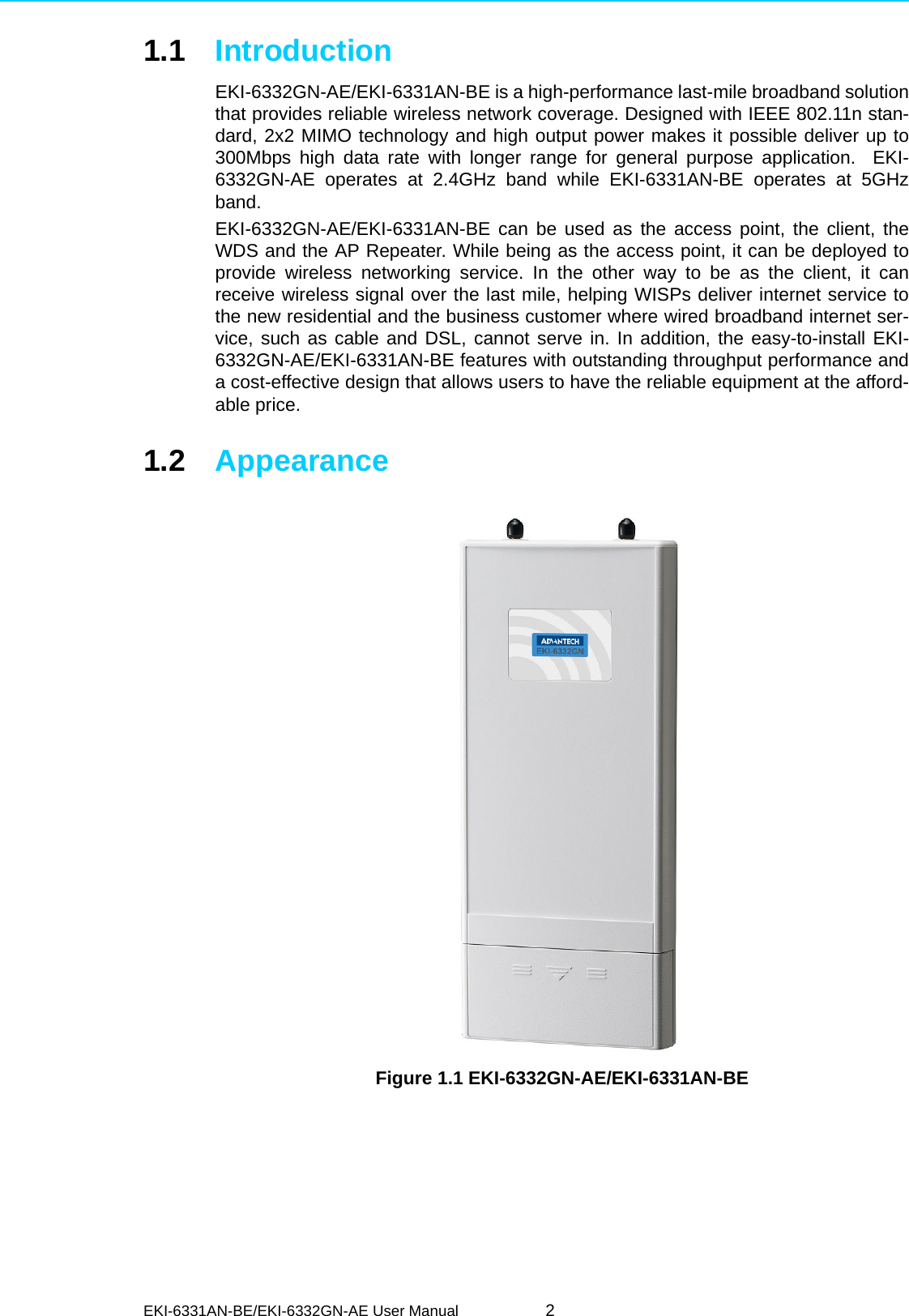 EKI-6331AN-BE/EKI-6332GN-AE User Manual 21.1 IntroductionEKI-6332GN-AE/EKI-6331AN-BE is a high-performance last-mile broadband solutionthat provides reliable wireless network coverage. Designed with IEEE 802.11n stan-dard, 2x2 MIMO technology and high output power makes it possible deliver up to300Mbps high data rate with longer range for general purpose application.  EKI-6332GN-AE operates at 2.4GHz band while EKI-6331AN-BE operates at 5GHzband.EKI-6332GN-AE/EKI-6331AN-BE can be used as the access point, the client, theWDS and the AP Repeater. While being as the access point, it can be deployed toprovide wireless networking service. In the other way to be as the client, it canreceive wireless signal over the last mile, helping WISPs deliver internet service tothe new residential and the business customer where wired broadband internet ser-vice, such as cable and DSL, cannot serve in. In addition, the easy-to-install EKI-6332GN-AE/EKI-6331AN-BE features with outstanding throughput performance anda cost-effective design that allows users to have the reliable equipment at the afford-able price.1.2 AppearanceFigure 1.1 EKI-6332GN-AE/EKI-6331AN-BE