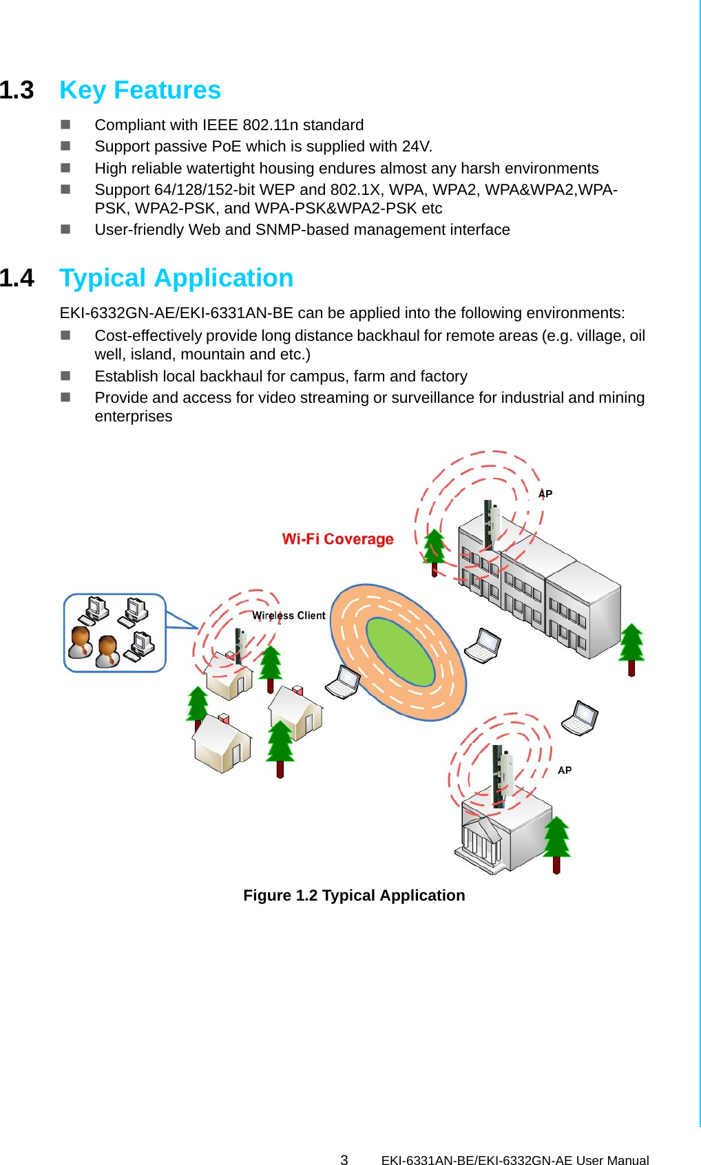 3EKI-6331AN-BE/EKI-6332GN-AE User ManualChapter 1 Introduction1.3 Key FeaturesCompliant with IEEE 802.11n standardSupport passive PoE which is supplied with 24V.High reliable watertight housing endures almost any harsh environmentsSupport 64/128/152-bit WEP and 802.1X, WPA, WPA2, WPA&amp;WPA2,WPA-PSK, WPA2-PSK, and WPA-PSK&amp;WPA2-PSK etcUser-friendly Web and SNMP-based management interface1.4 Typical ApplicationEKI-6332GN-AE/EKI-6331AN-BE can be applied into the following environments:Cost-effectively provide long distance backhaul for remote areas (e.g. village, oil well, island, mountain and etc.)Establish local backhaul for campus, farm and factoryProvide and access for video streaming or surveillance for industrial and mining enterprisesFigure 1.2 Typical Application